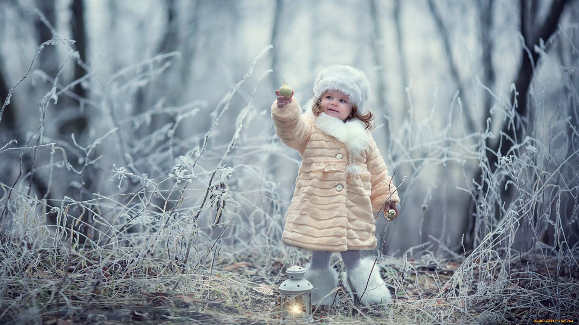 разное, люди, милая, маленькая, девочка, стоит, размытый, фон, зимний, лес, пальто, меховая, шапка