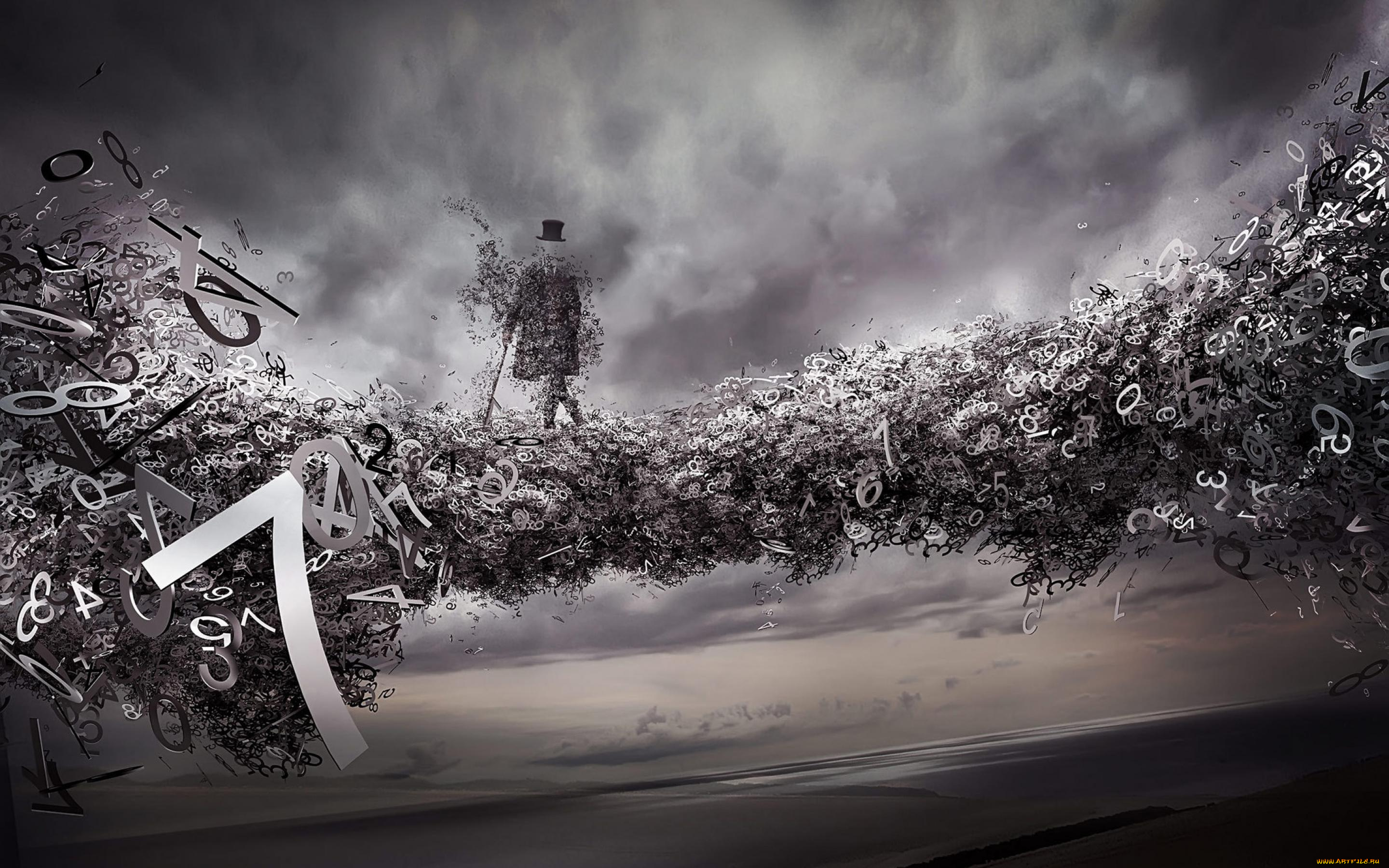 3д, графика, фантазия, , fantasy, фигура, шляпа, трость, мост, цифры