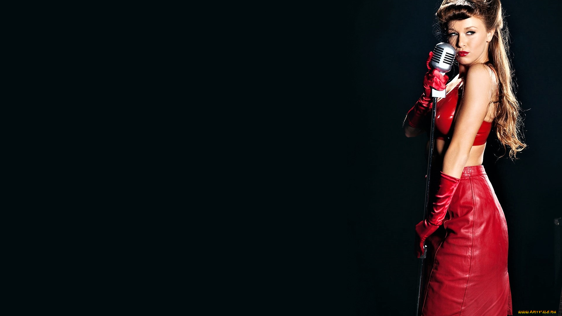 девушки, leanna, decker, шатенка, топ, юбка, перчатки, микрофон