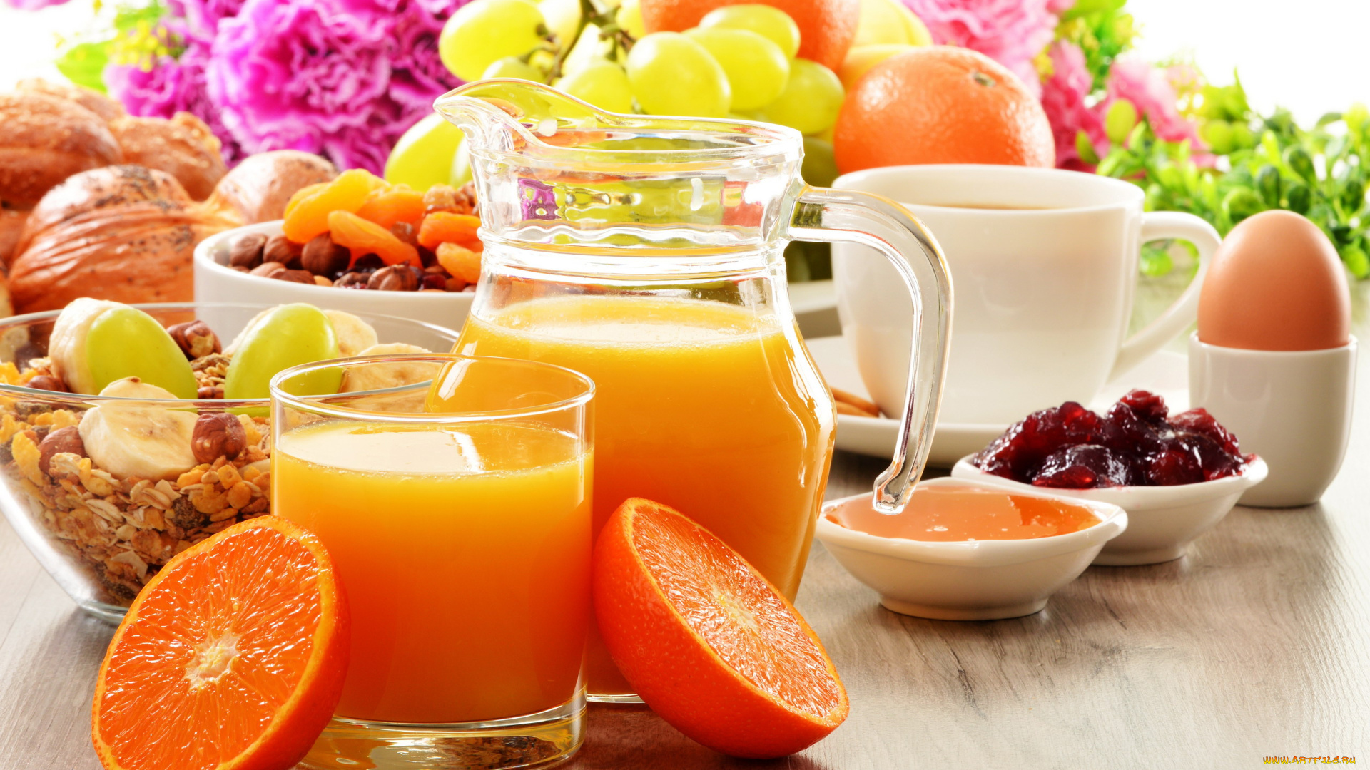 еда, разное, сок, хлопья, варенье, яйцо, апельсины, виноград, завтрак