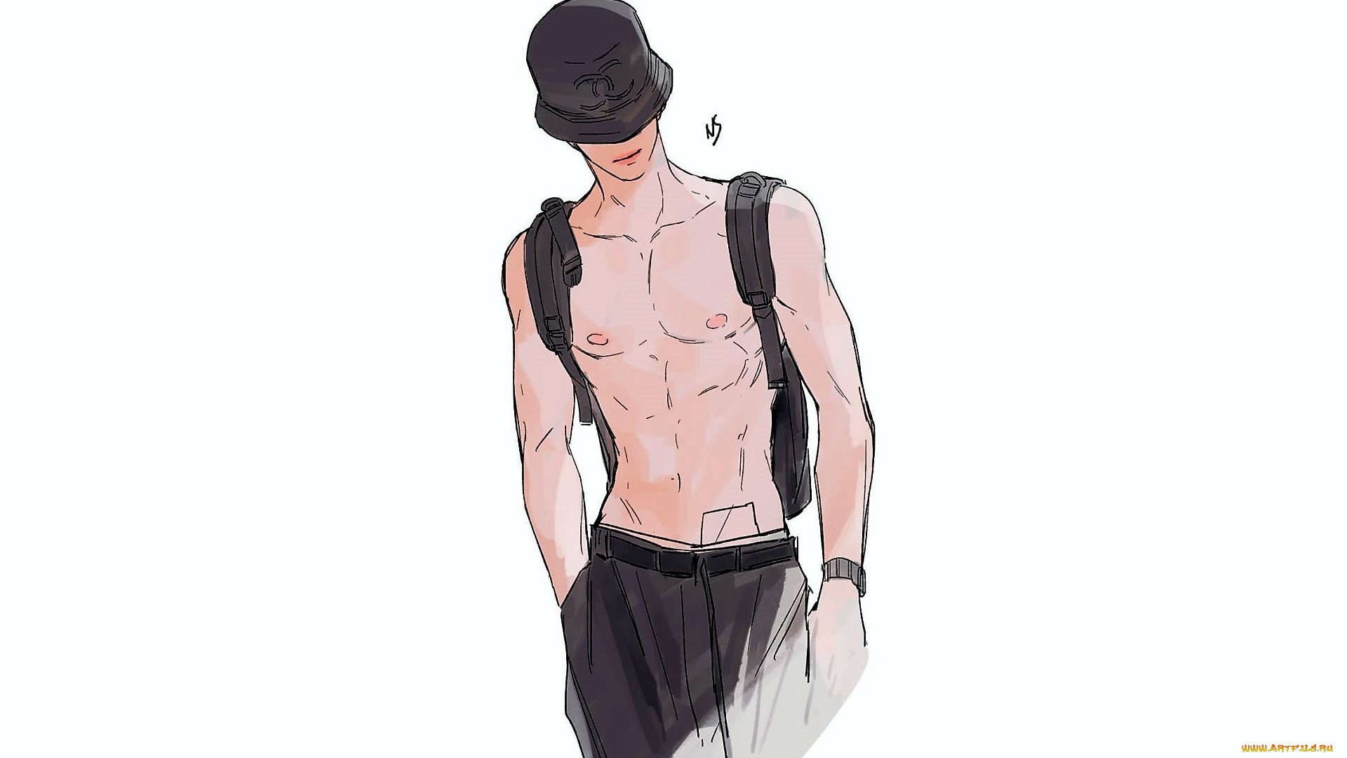 рисованное, люди, ван, ибо, панама, торс, рюкзак