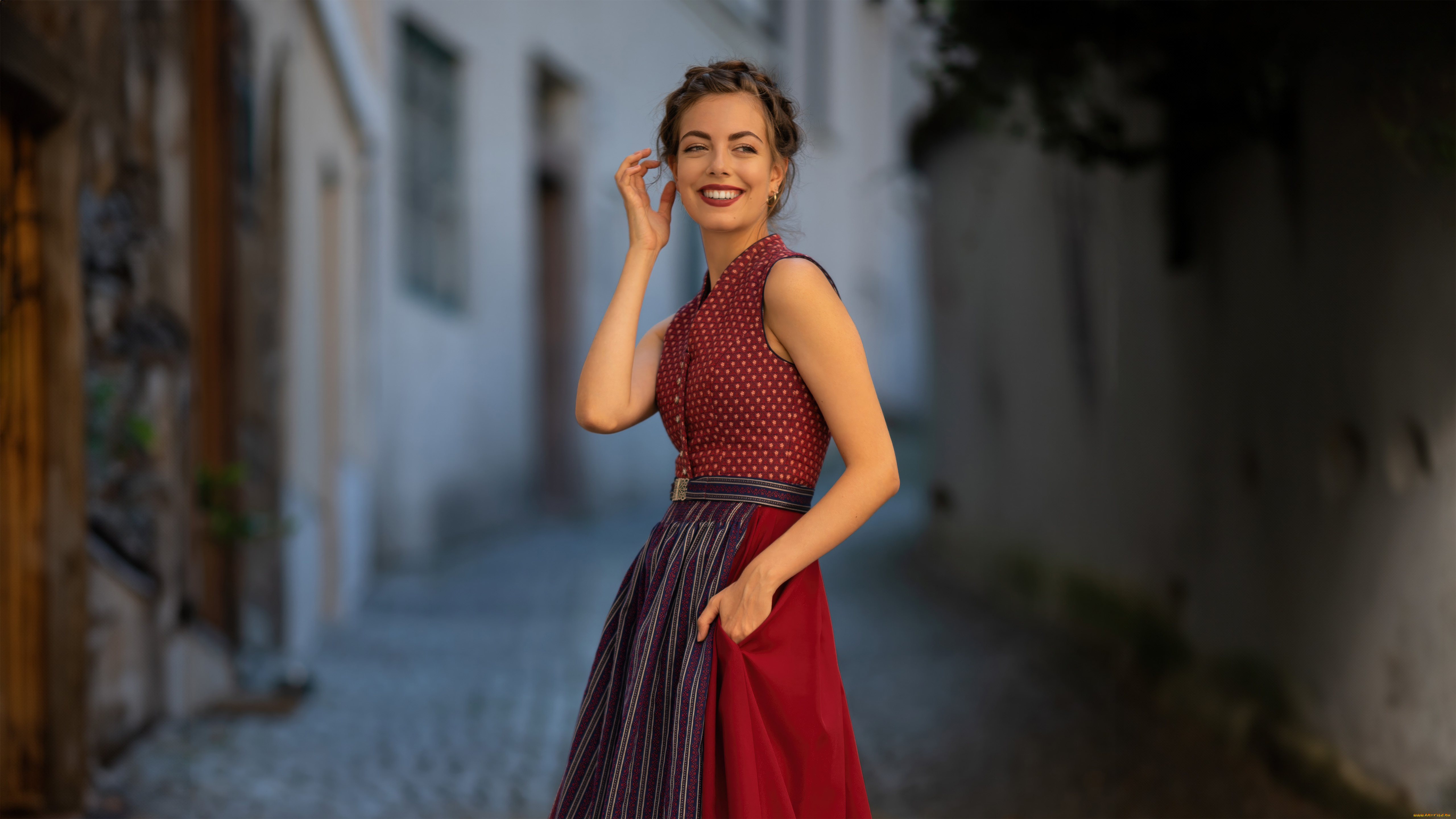 девушки, -, брюнетки, , шатенки, девушка, стройная, красное, платье, улыбка