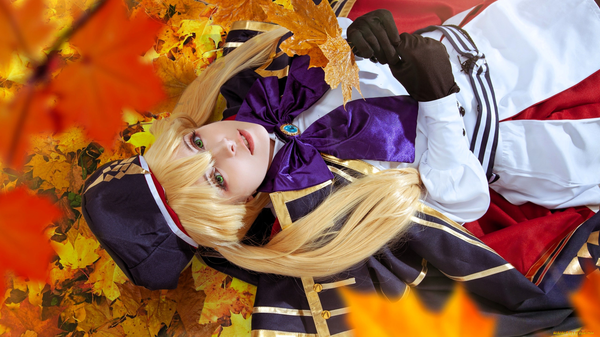 девушки, mari, aisu, образ, косплей, наряд, костюм, форма, берет, листья, осень