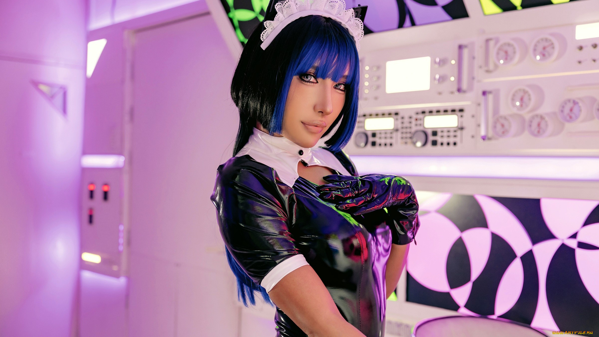 девушки, nonsummerjack, образ, косплей, наряд, костюм, ушки, боди, латекс, перчатки, неон, техника