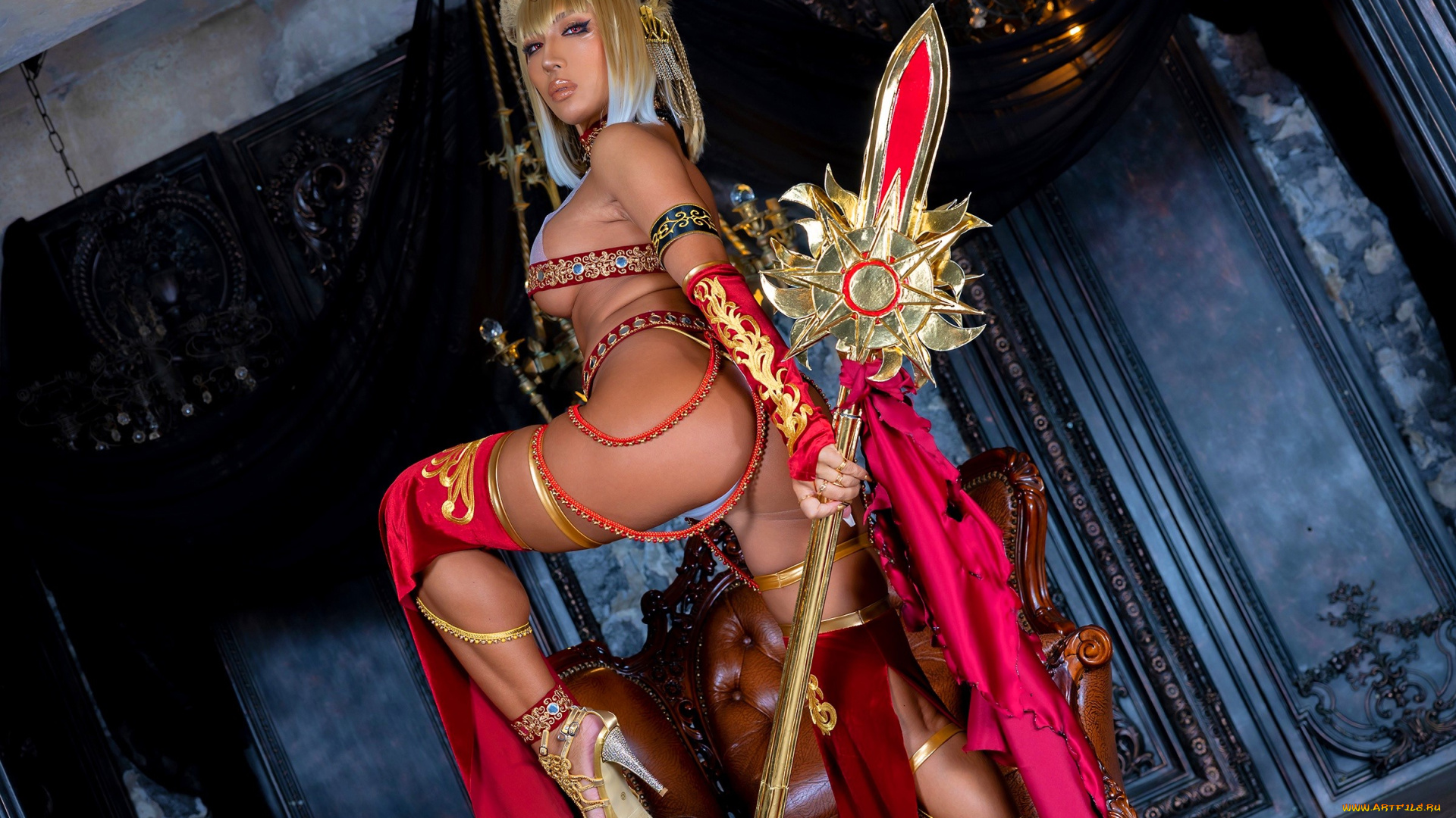 девушки, nonsummerjack, образ, косплей, наряд, костюм, украшения, каблуки, посох, кресло