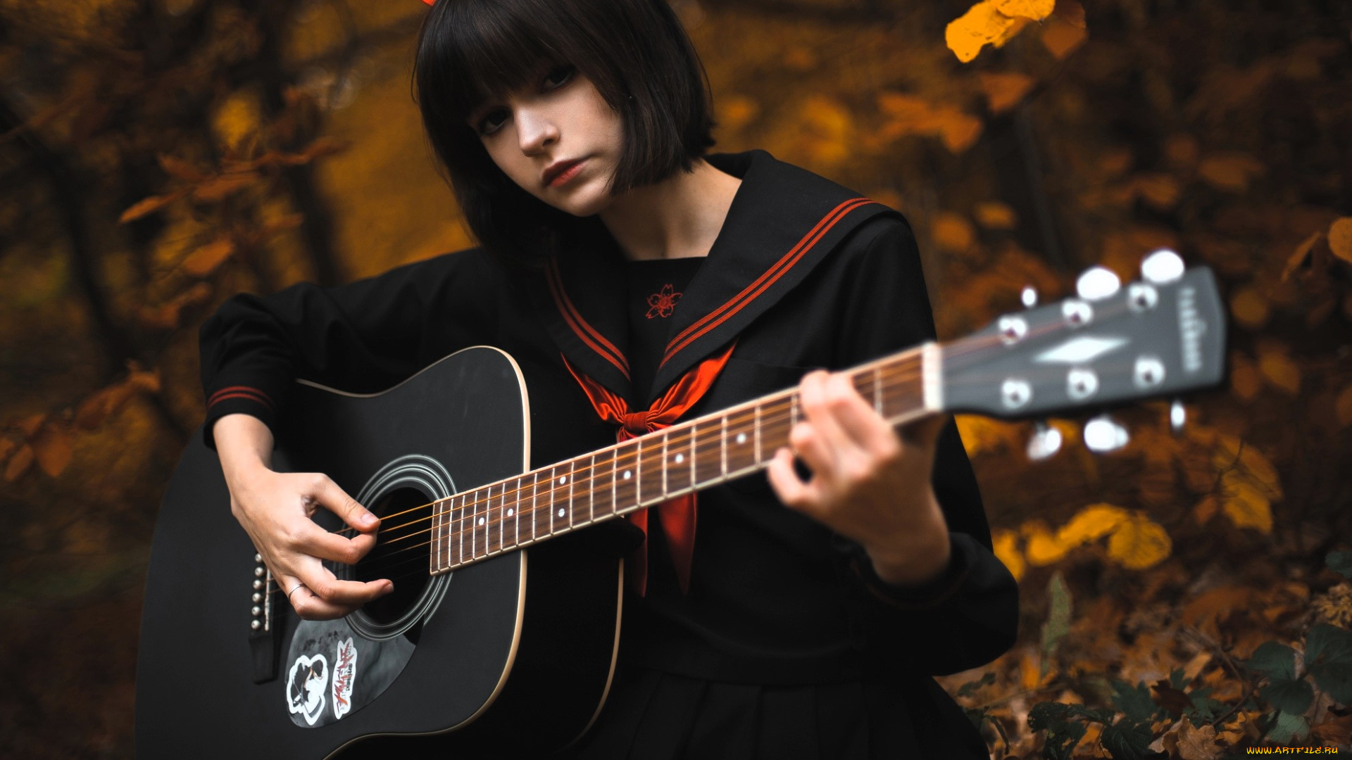 девушки, tenletters, образ, косплей, наряд, платье, гитара, парк, осень