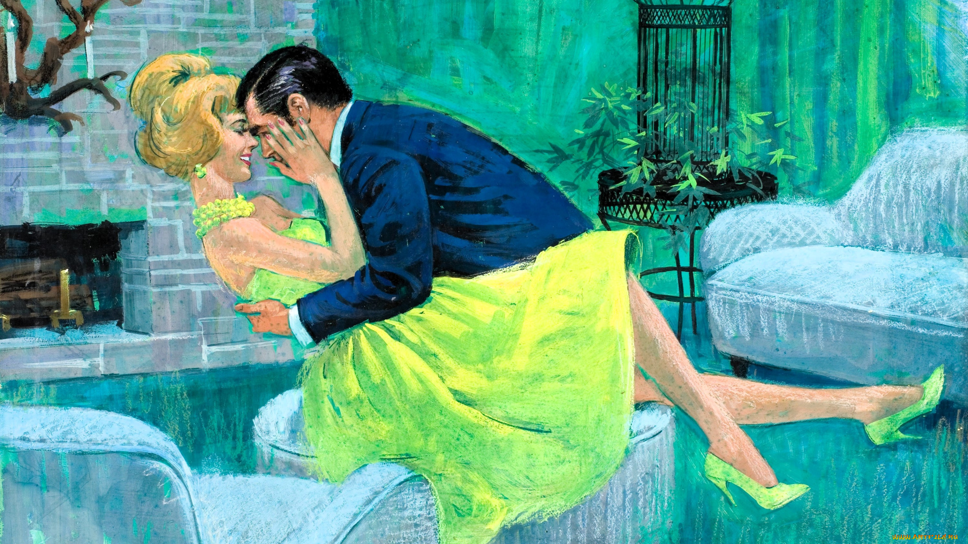 рисованное, arthur, saron, sarnoff, пара, любовь, камин, клетка, диваны, пуфик