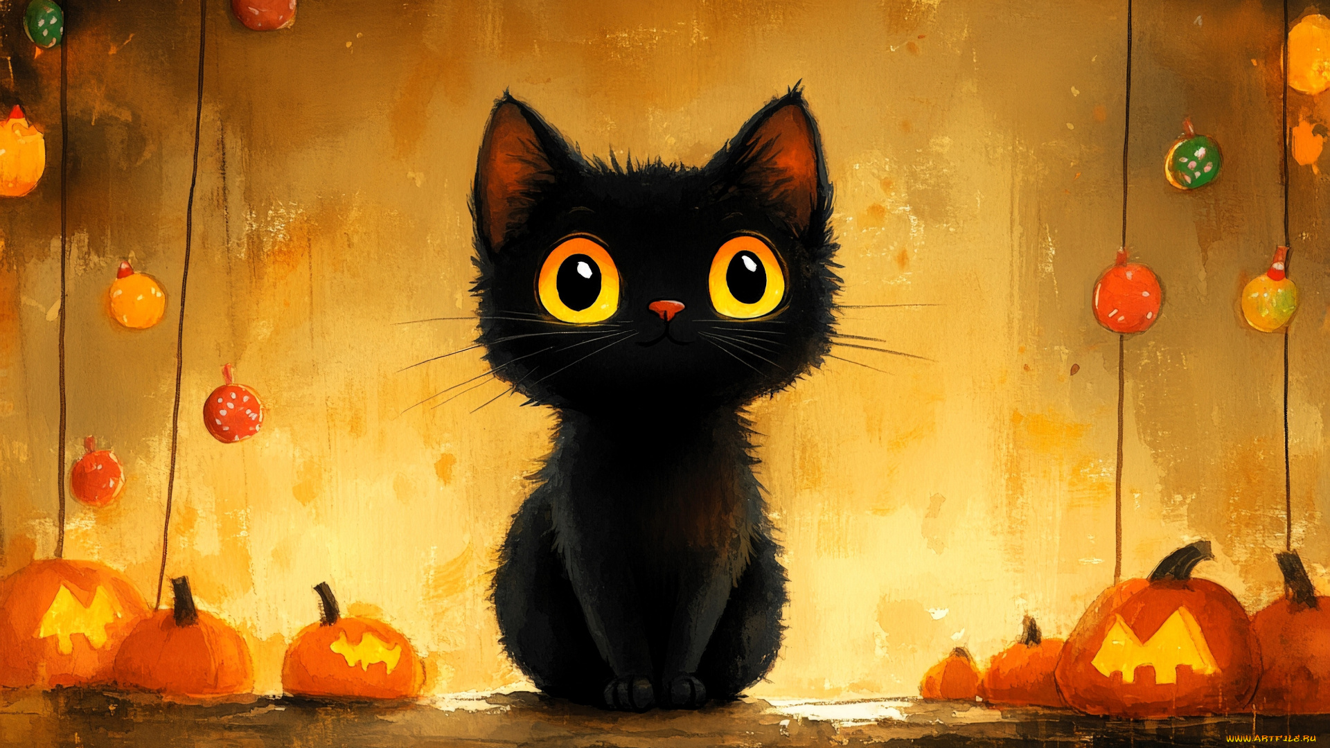 рисованное, праздники, котенок, тыквы, хэллоуин
