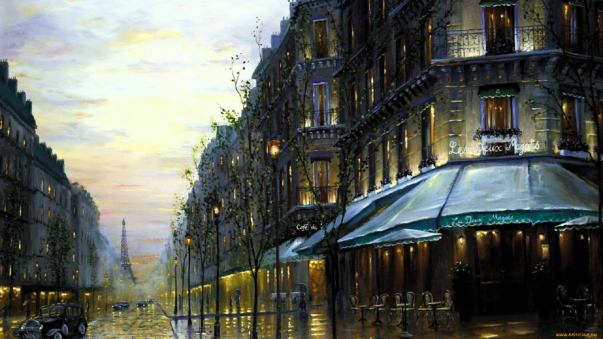 рисованное, robert, finale, город, дома, здания, улица, деревья, транспорт, осень