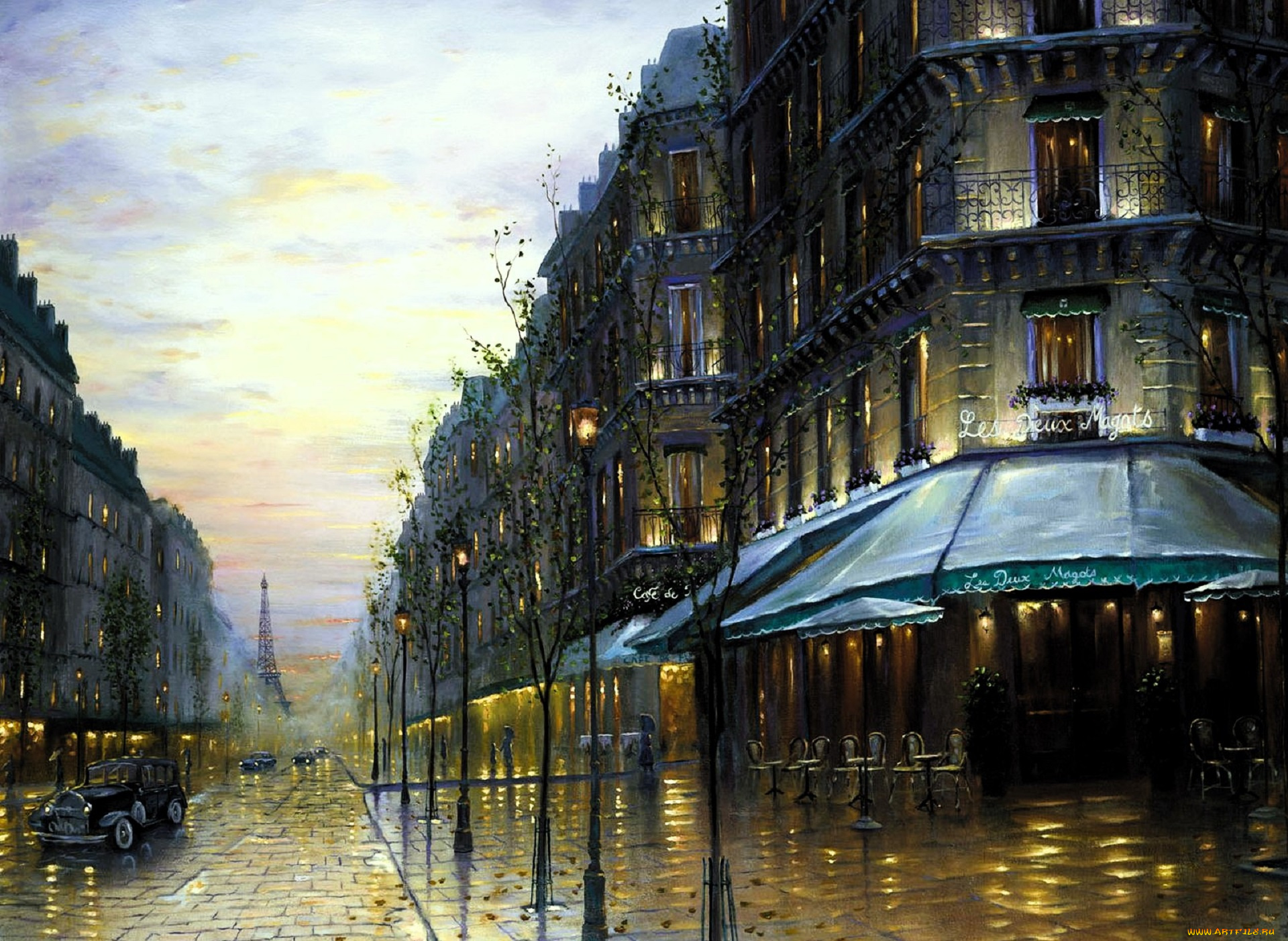 рисованное, robert, finale, город, дома, здания, улица, деревья, транспорт, осень