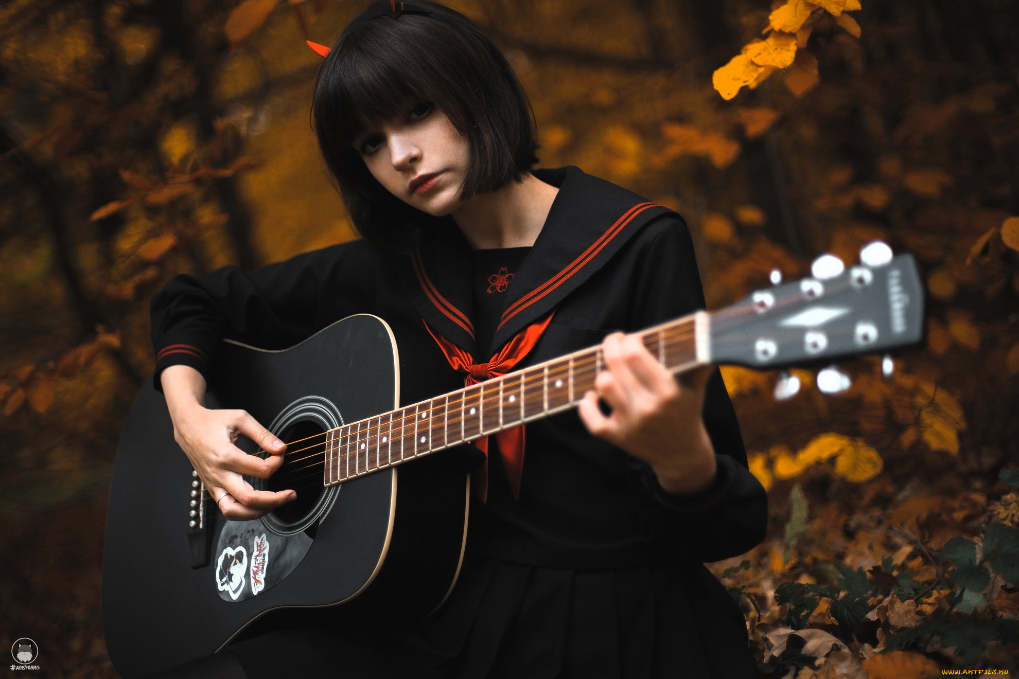 девушки, tenletters, образ, косплей, наряд, платье, гитара, парк, осень
