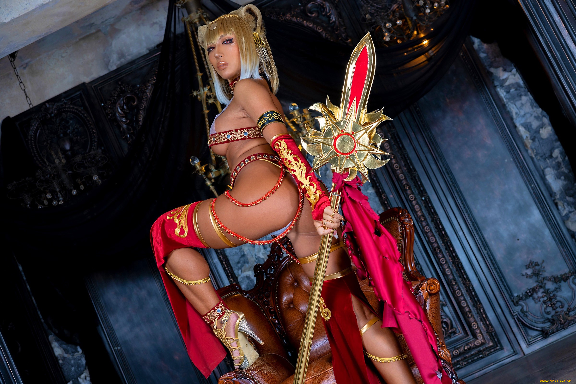 девушки, nonsummerjack, образ, косплей, наряд, костюм, украшения, каблуки, посох, кресло