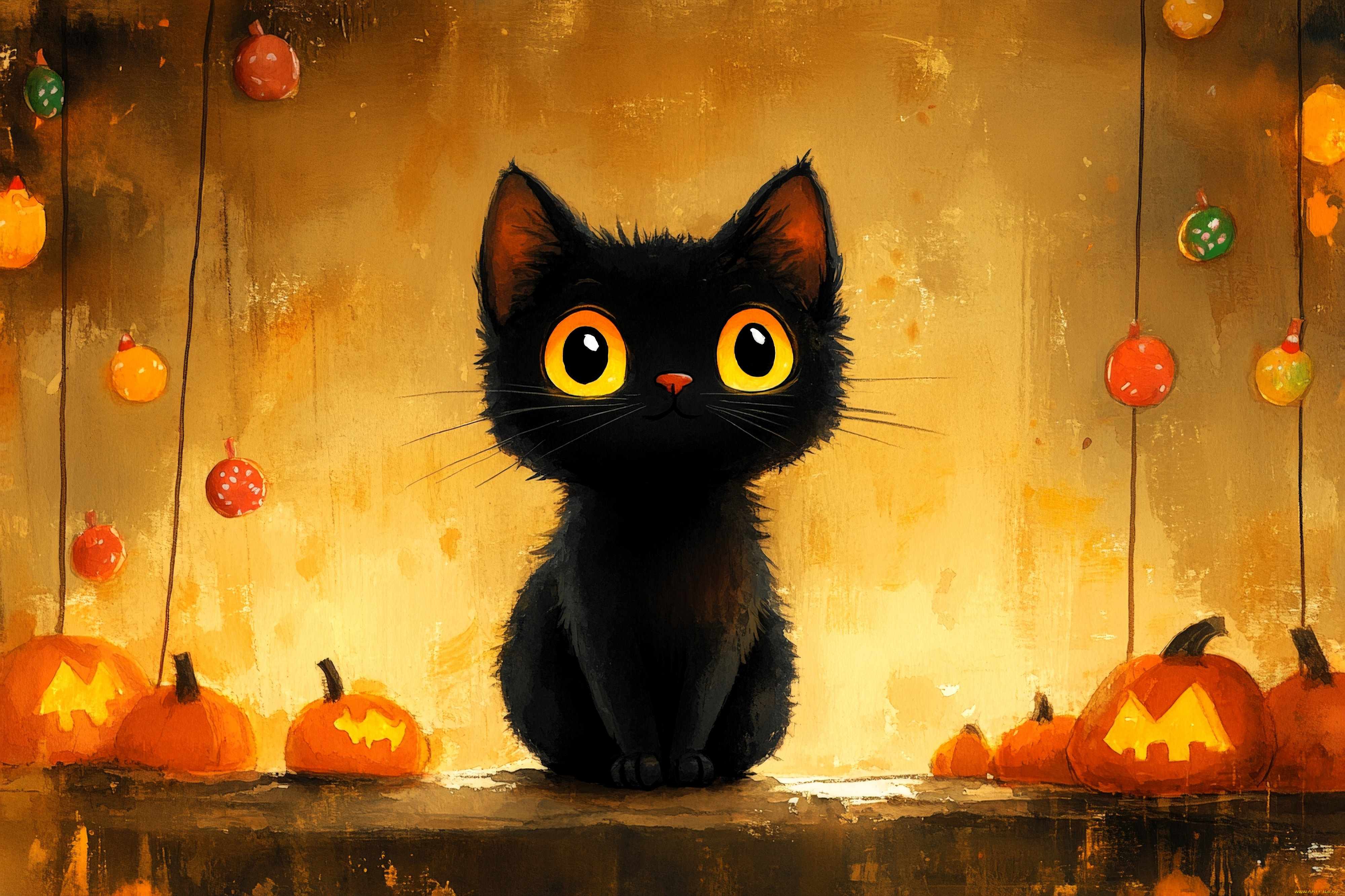 рисованное, праздники, котенок, тыквы, хэллоуин