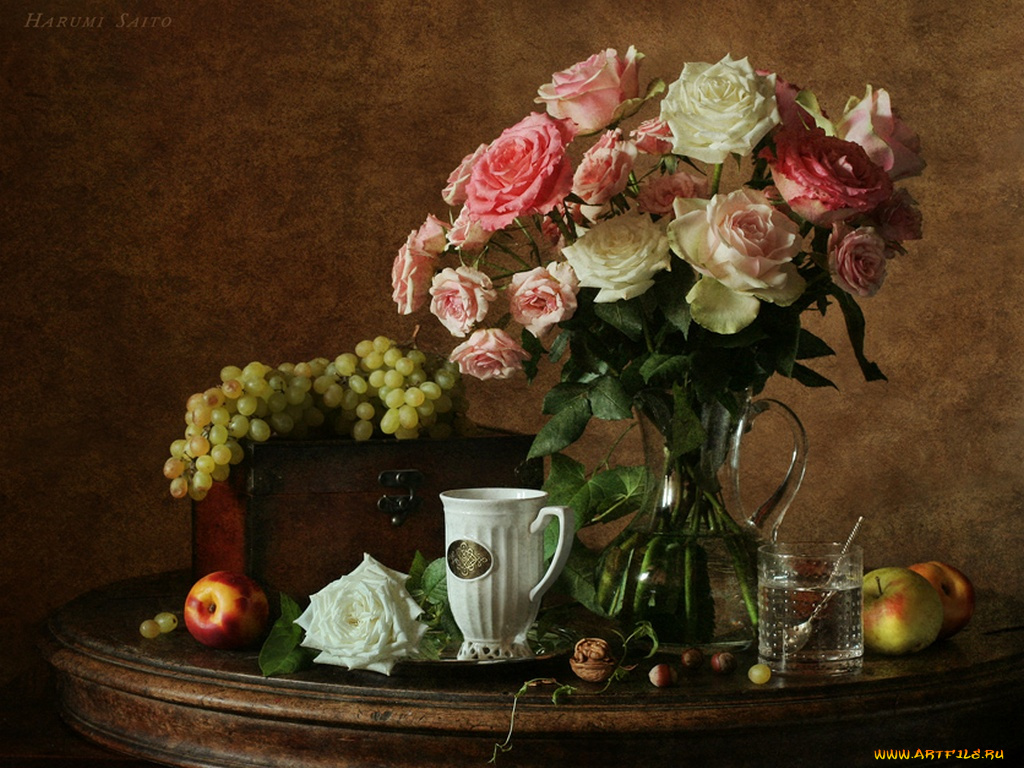 harumi, saito, натюрморт, розами, еда