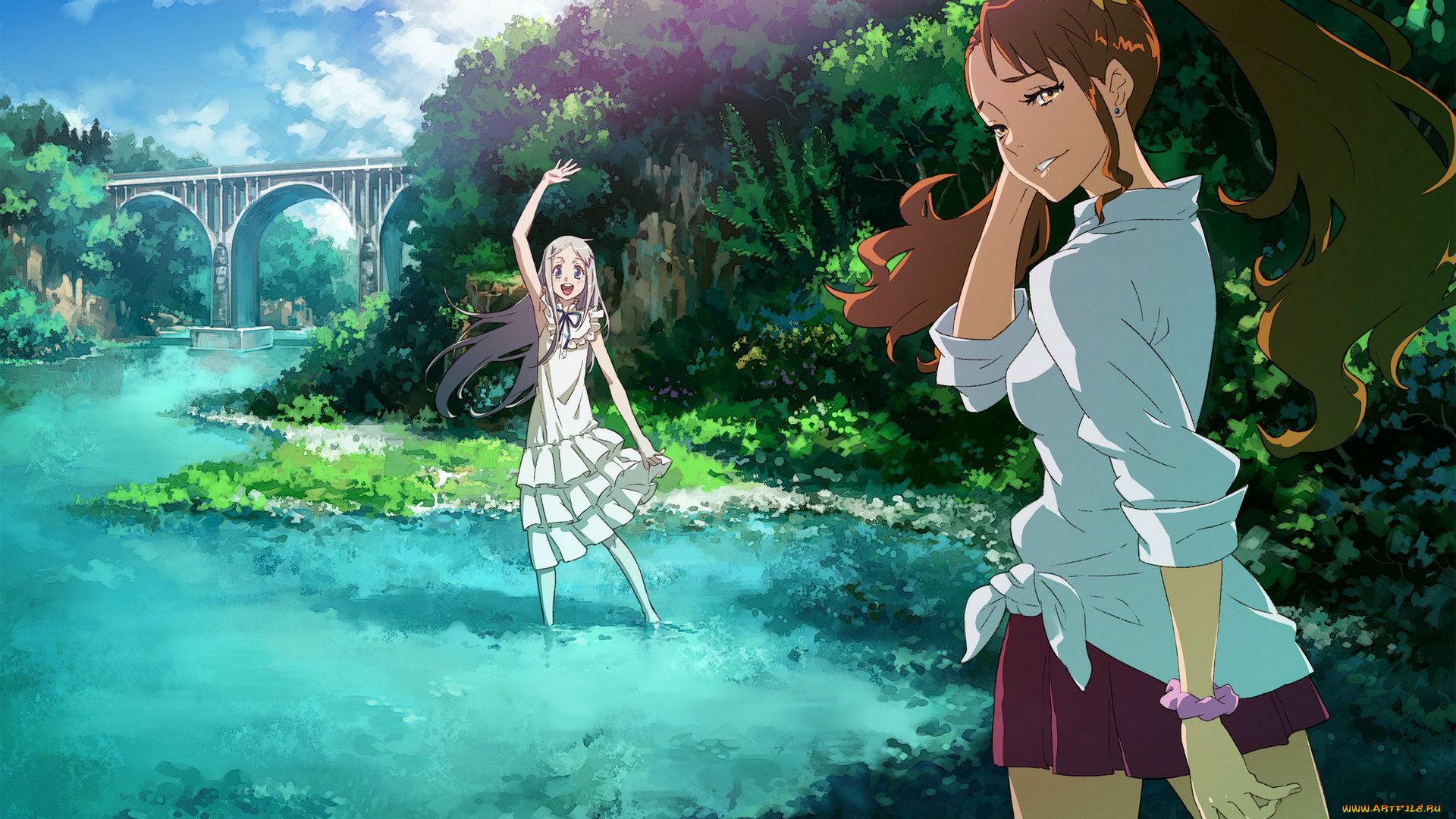 аниме, anohana, мост, вода, девушки