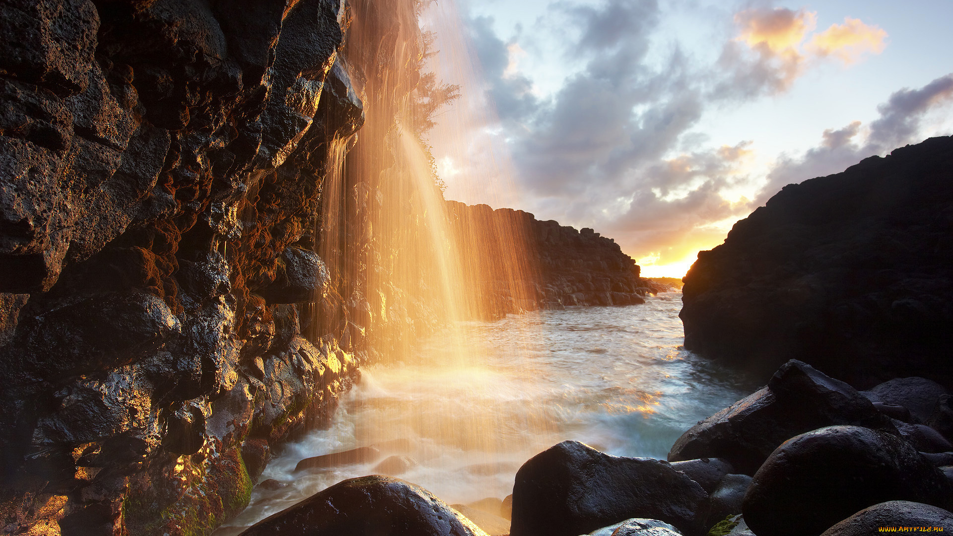 природа, водопады, камни, море, побережье, скалы