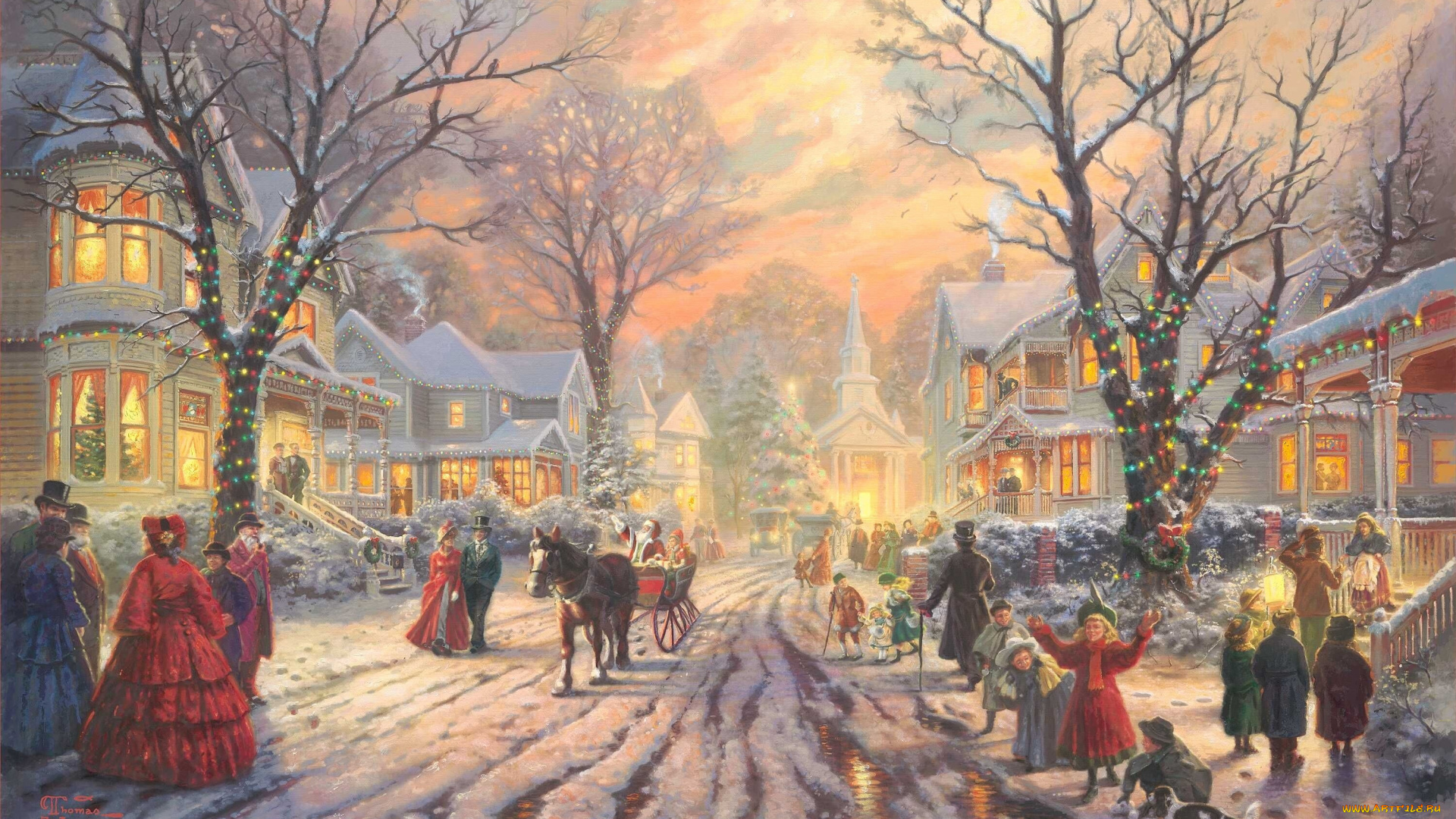 thomas, kinkade, рисованные, лошадь, рождество, зима, дома, люди, иллюминация, деревья, дети, сани