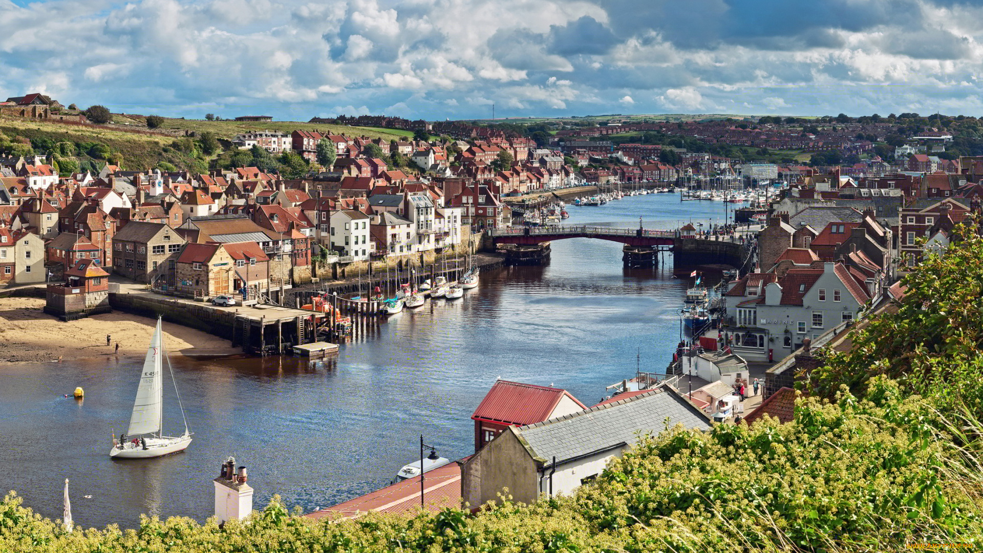 англия, уитби, города, панорамы, дома, река, мост