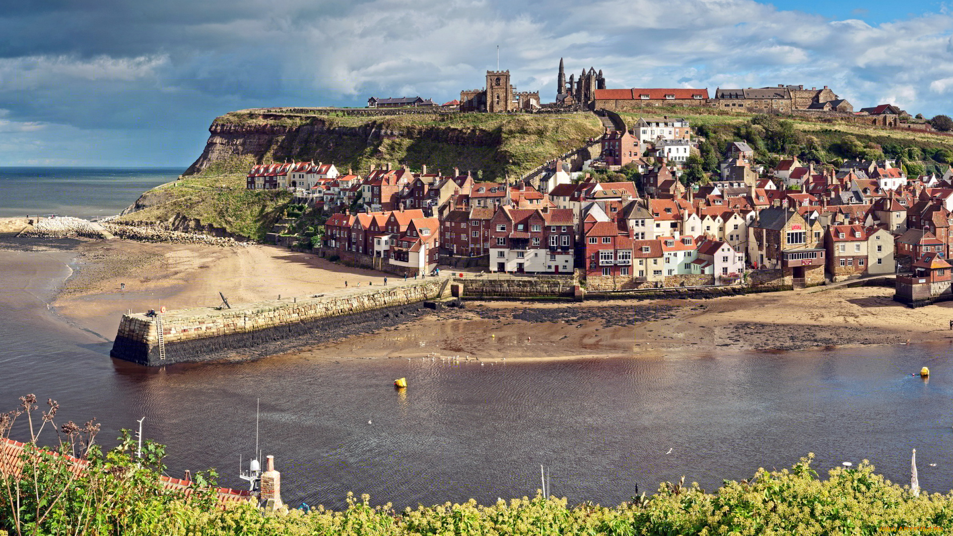 англия, уитби, города, панорамы, причал, река, дома
