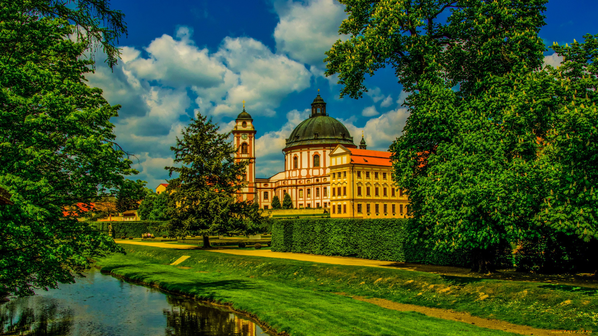 castle, of, jaromenice, rokytnou, Чехия, города, дворцы, замки, крепости, парк, замок, река