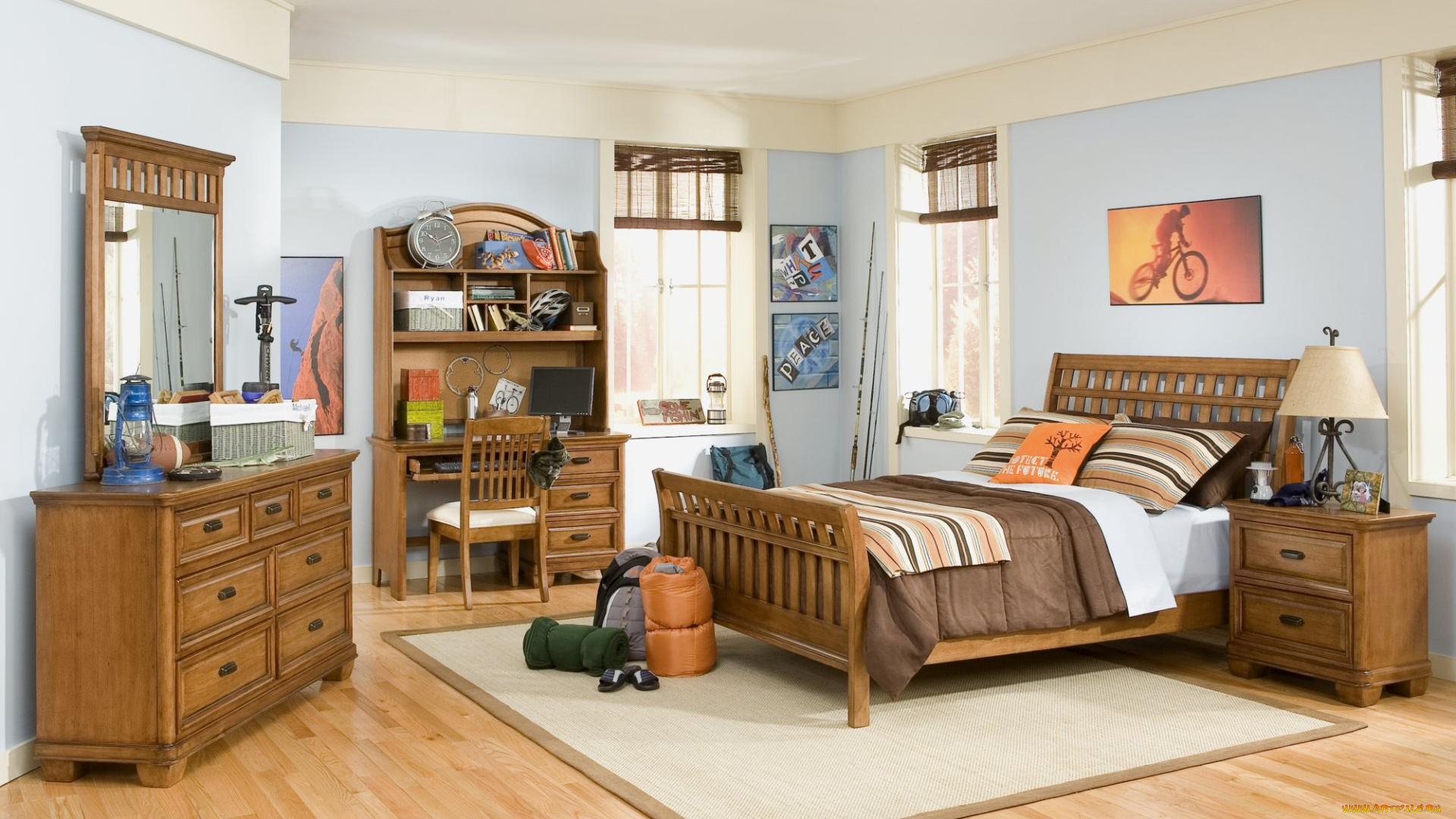 интерьер, детская, комната, подушки, тумбочка, кровать