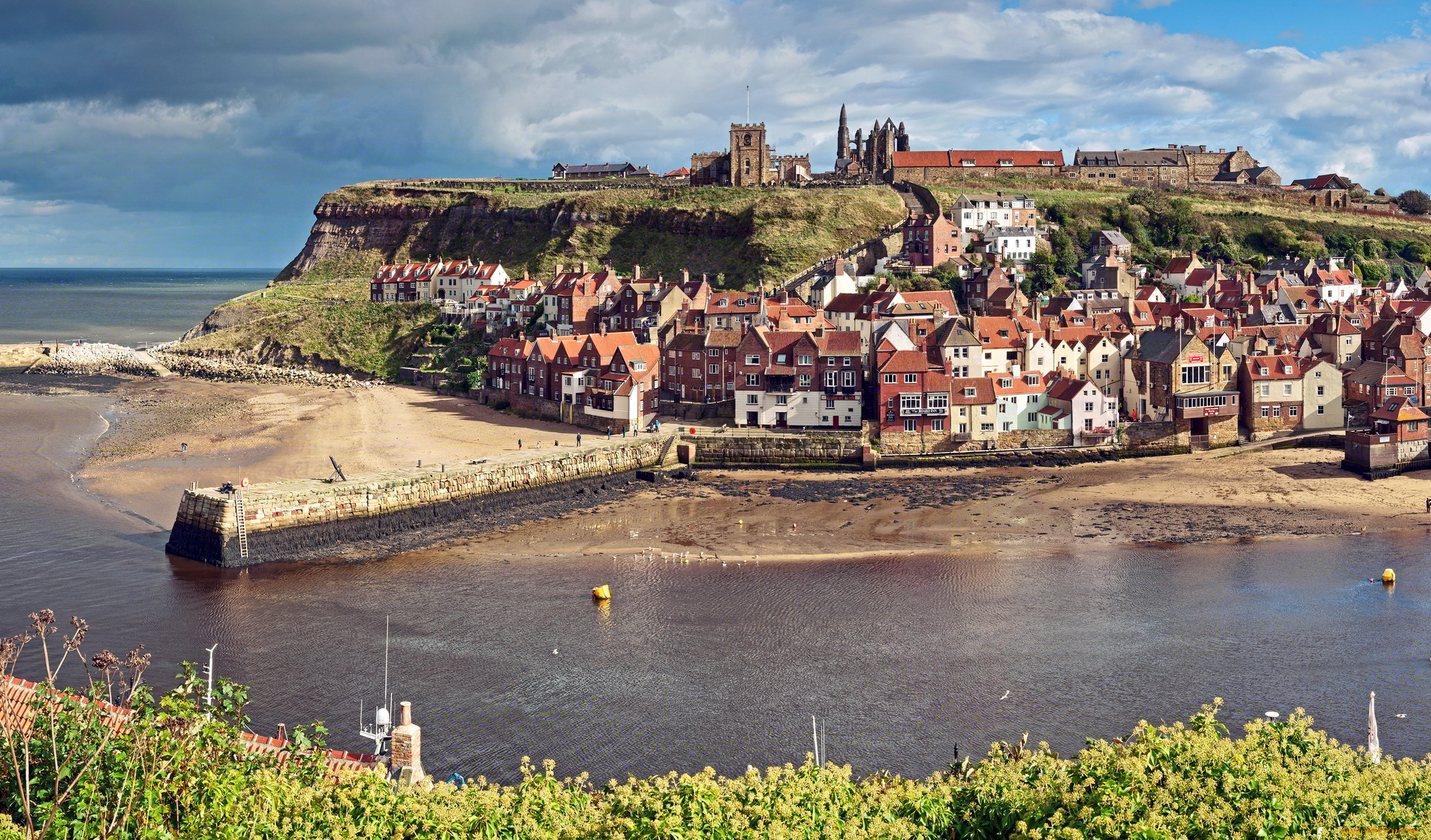 англия, уитби, города, панорамы, причал, река, дома
