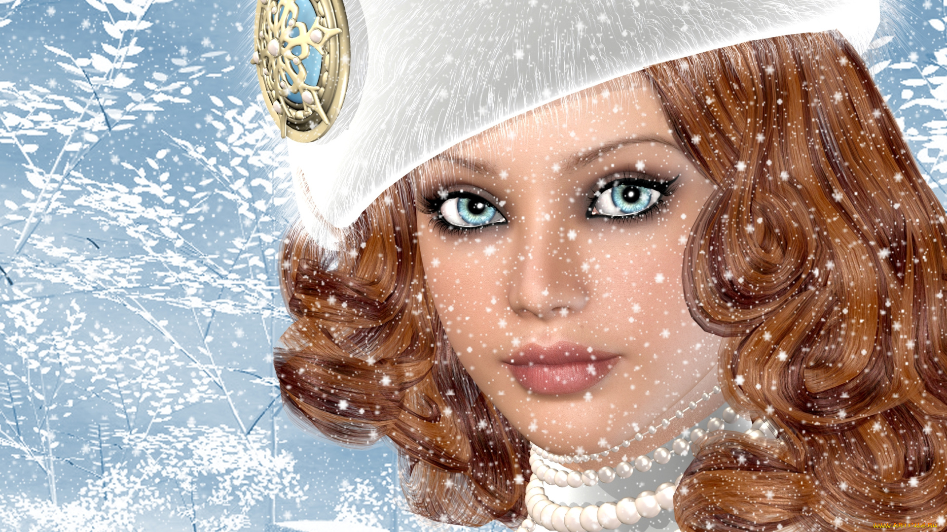 3д, графика, portraits, портрет, снег, девушка, шляпа