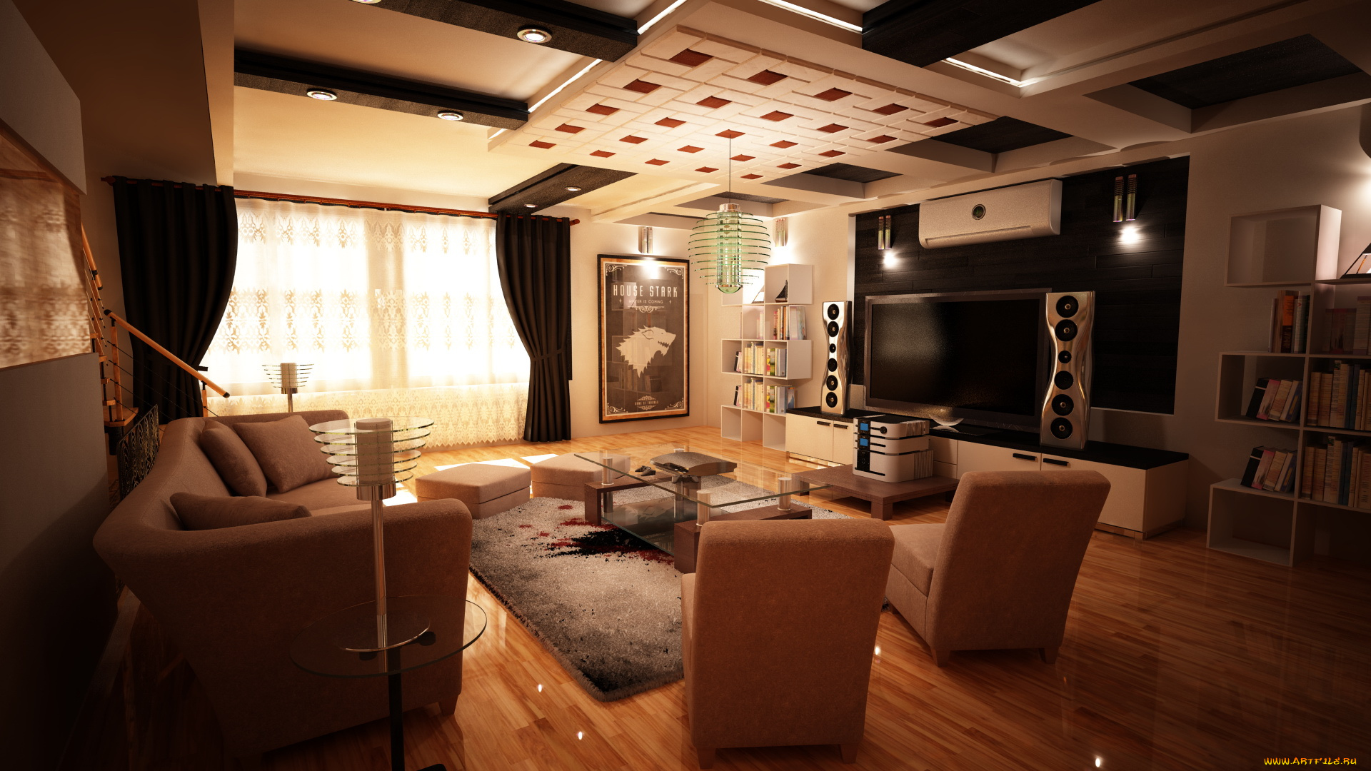 3д, графика, realism, реализм, стол, диван, книги