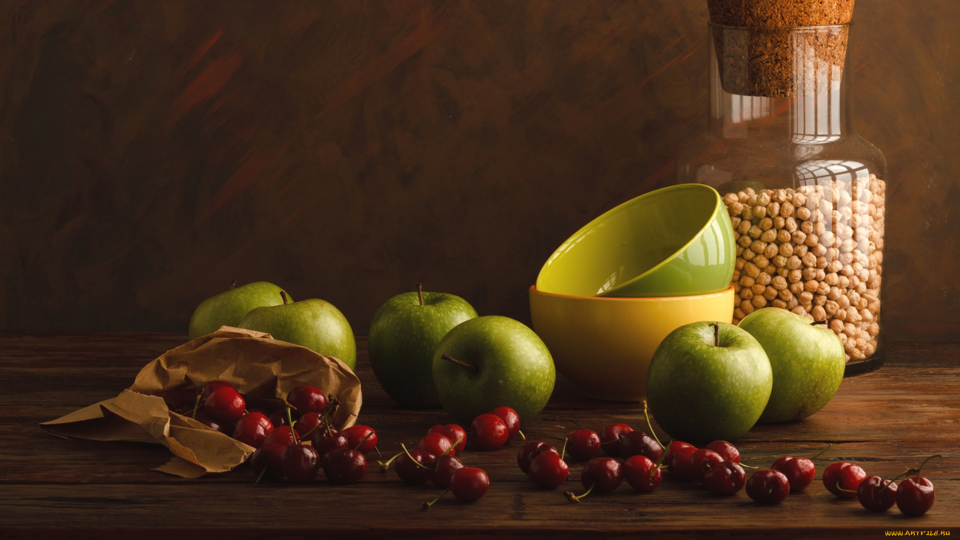 еда, разное, нут, бутылка, вишни, яблоки