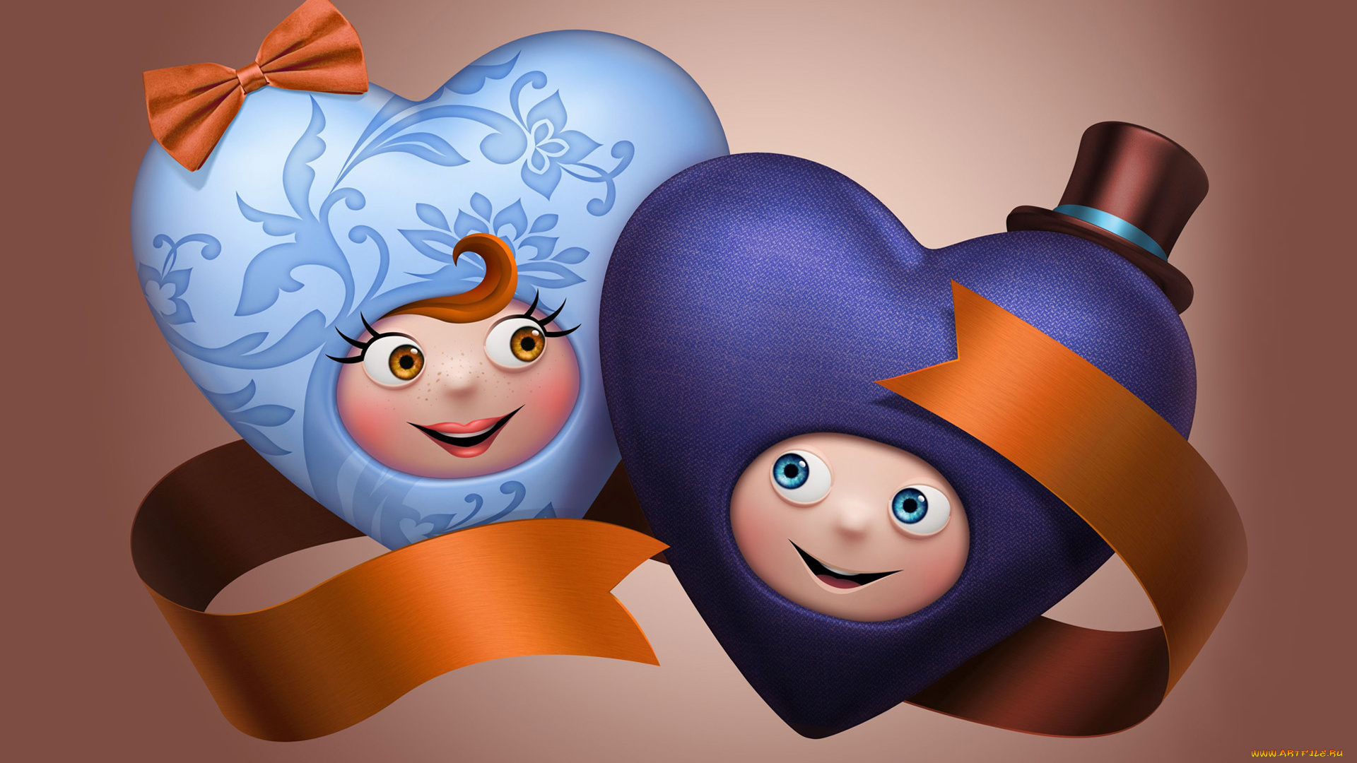 праздничные, день, св, валентина, сердечки, любовь, лица, улыбка, шляпа, бантик, лента