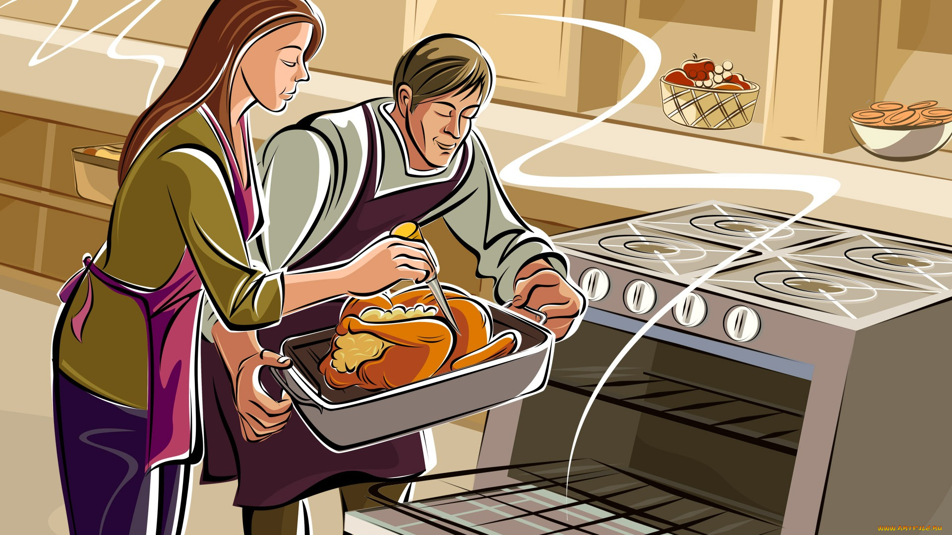 рисованные, люди, кухня