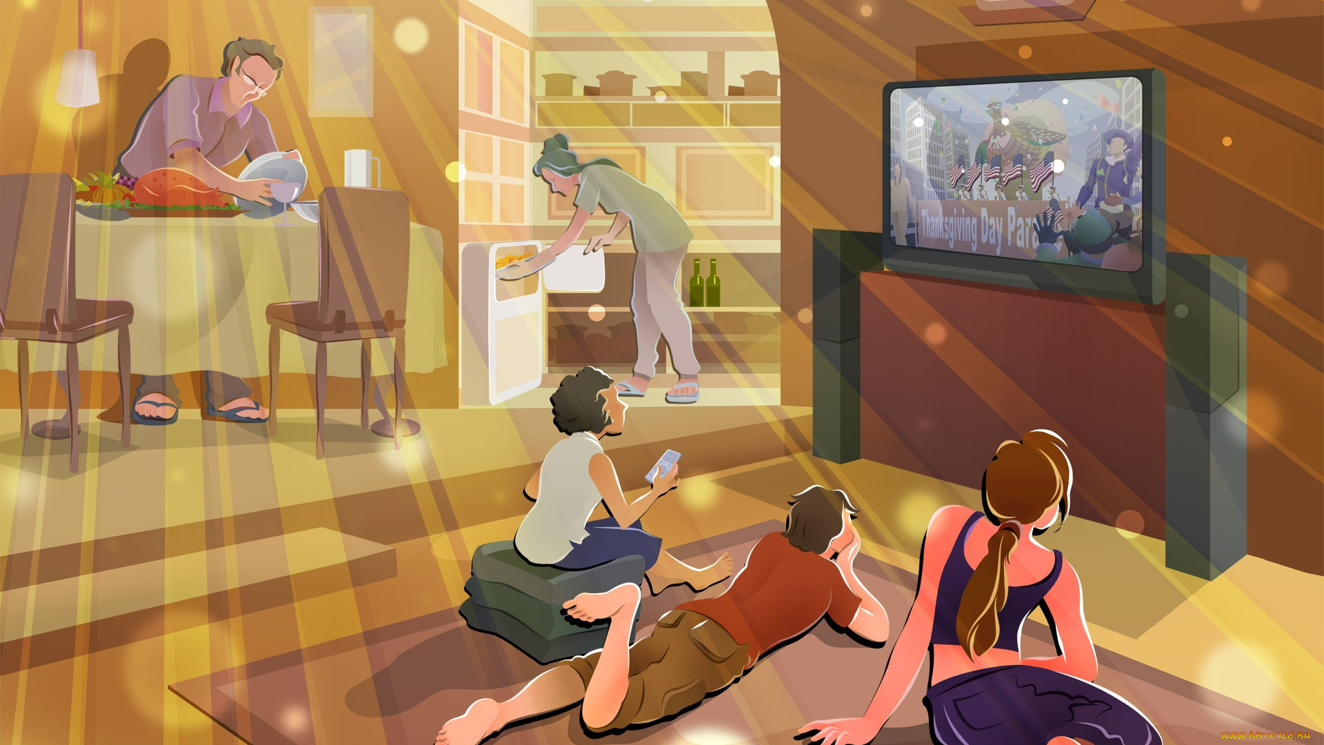 рисованные, люди, стол, квартира, телевизор