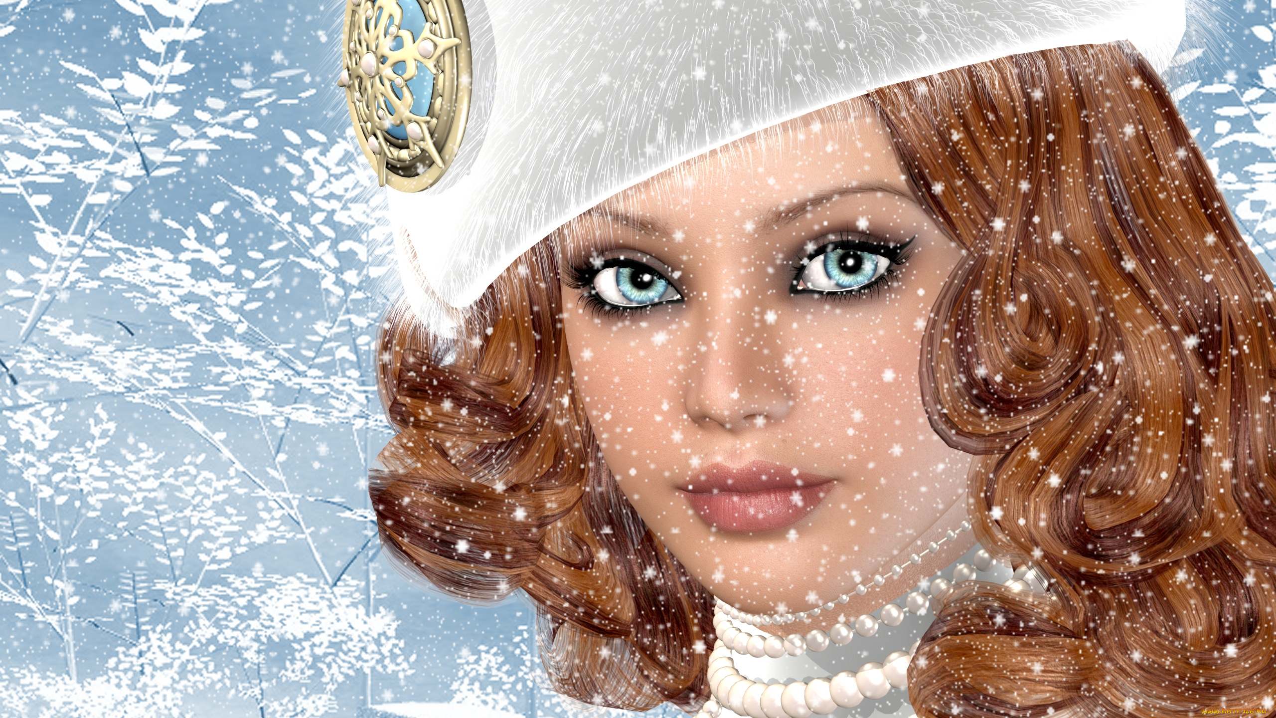 3д, графика, portraits, портрет, снег, девушка, шляпа