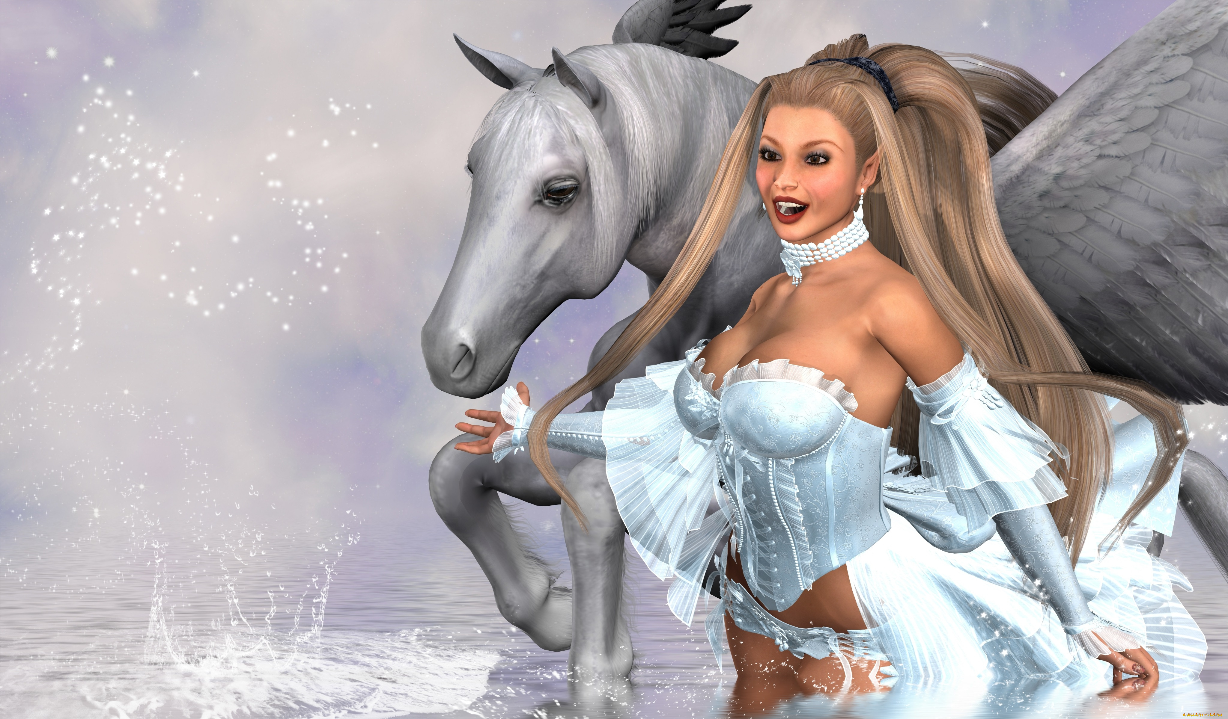 3д, графика, people, люди, улыбка, девушка, лошадь