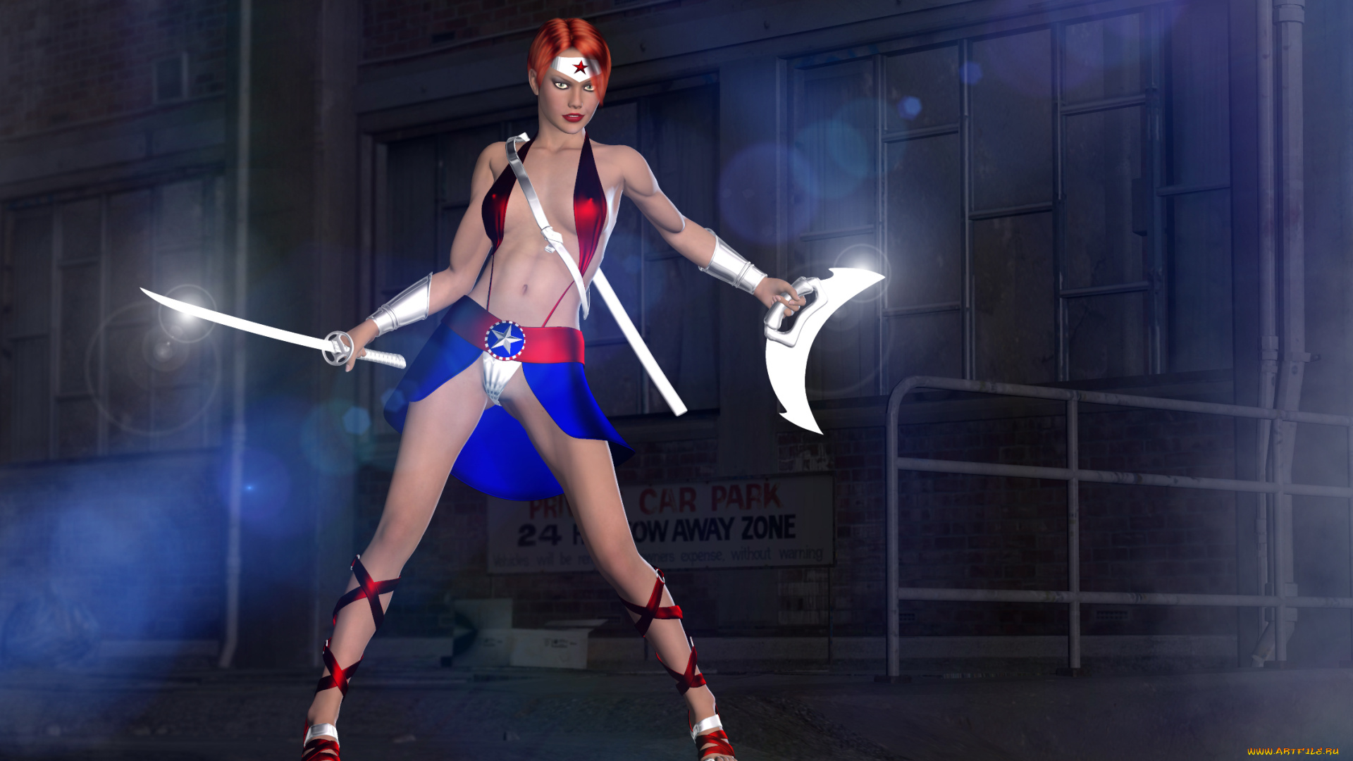 3д, графика, фантазия, , fantasy, девушка, взгляд, фон, оружие, рыжая