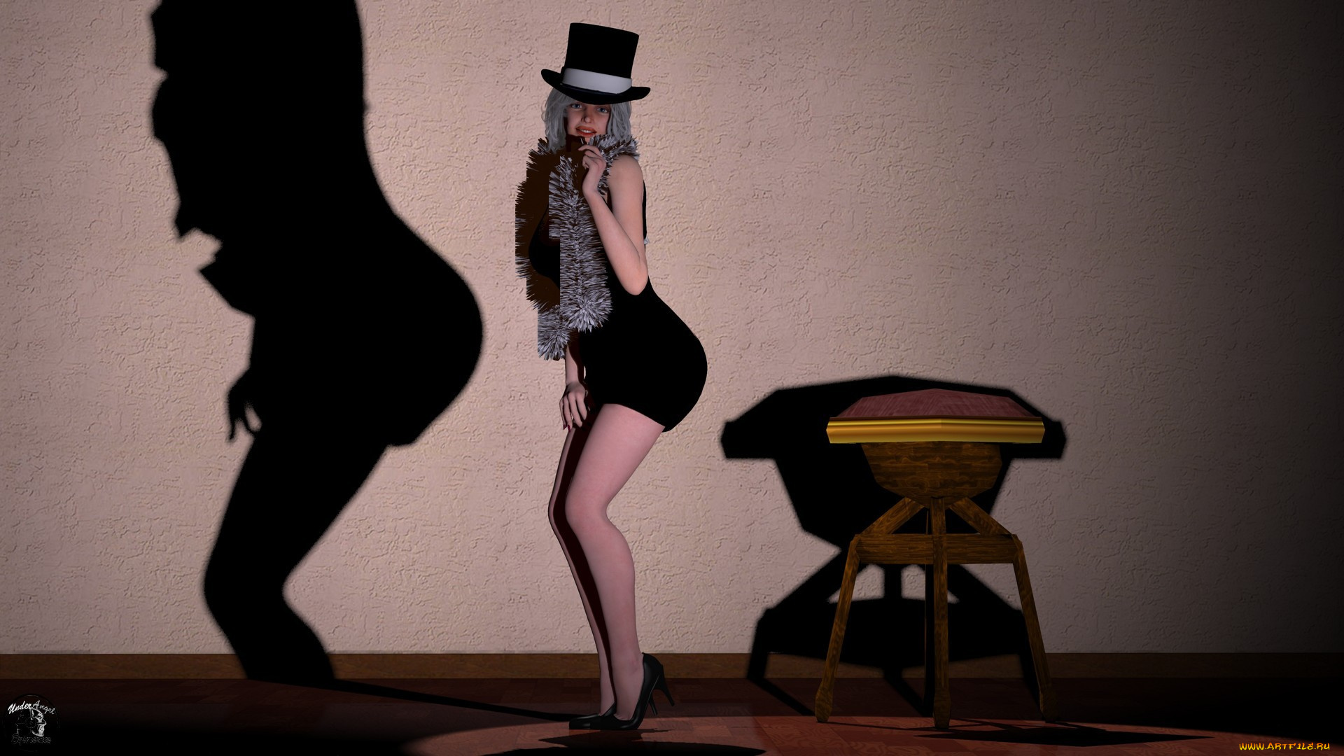 3д, графика, люди, , people, девушка, шарф, тень, шляпа, клыбка, стена, фон, взгляд