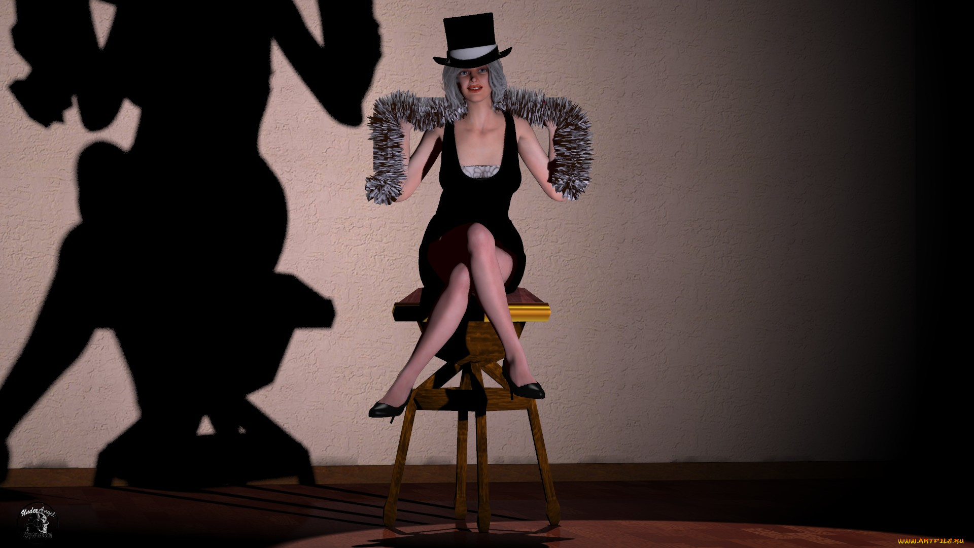 3д, графика, люди, , people, клыбка, стена, шляпа, девушка, тень, взгляд, фон, шарф
