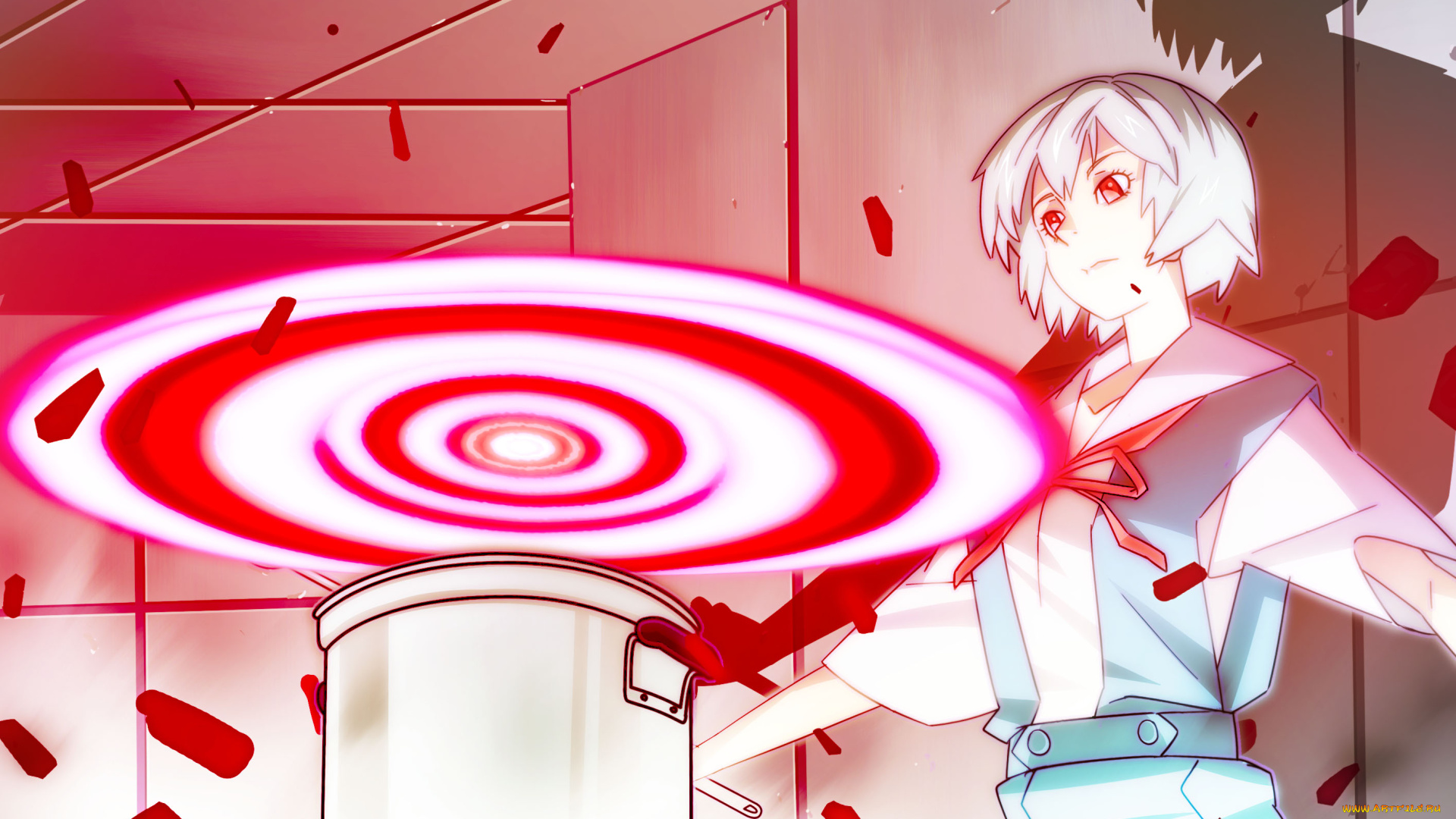 аниме, evangelion, круг, кастрюля, комната, осколки, арт, девушка, neon, genesis