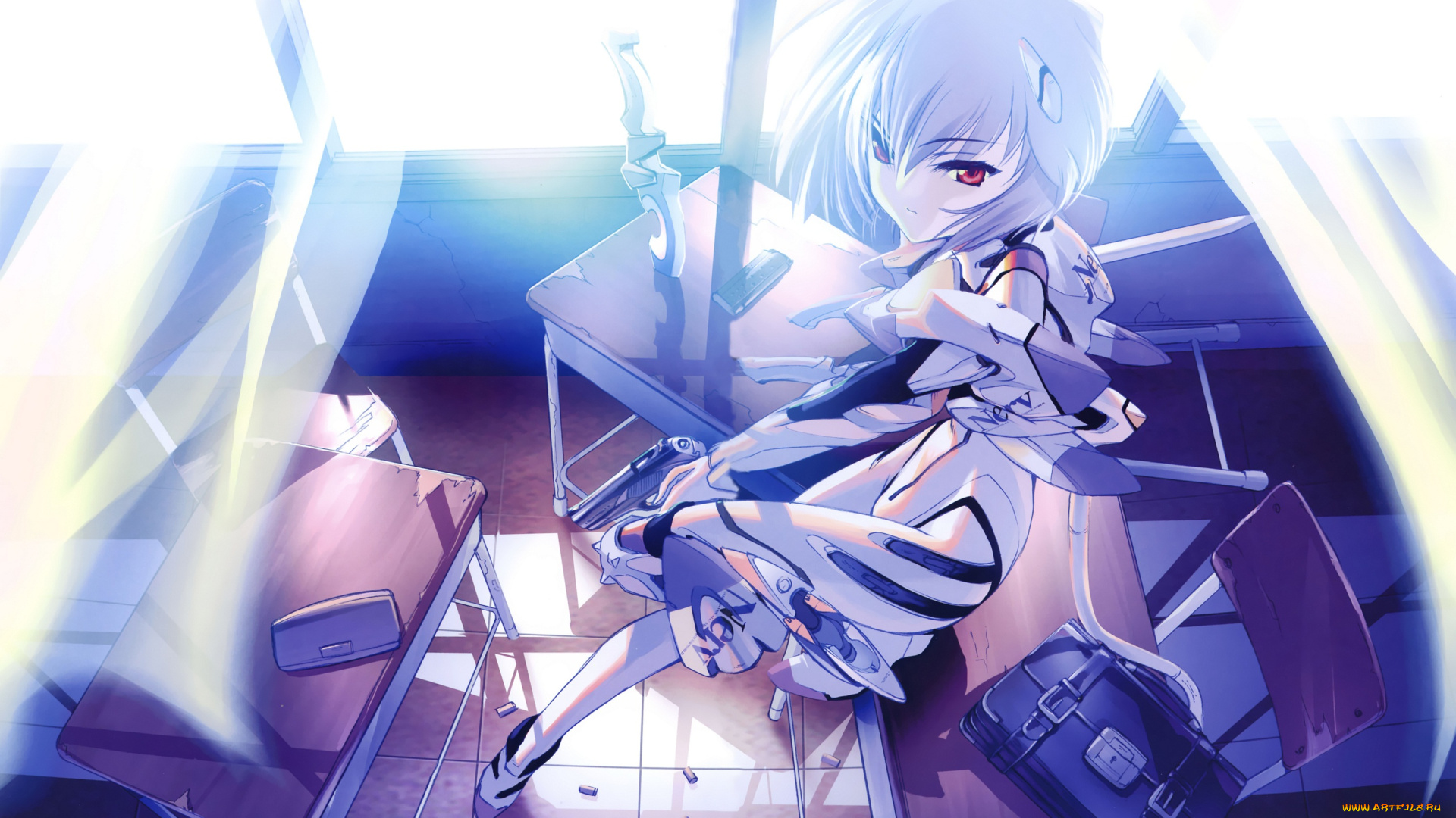 аниме, evangelion, neon, genesis, взгляд, оружие, арт, портфель, стулья, комната, свет, окна, девушка