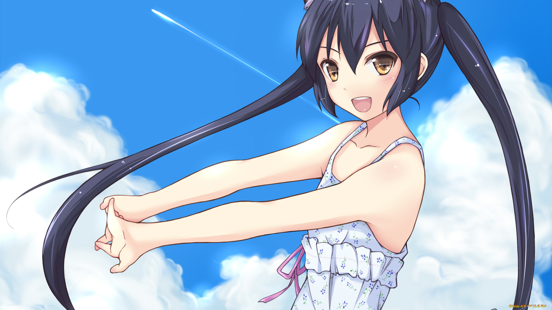 аниме, k-on, nakano, azusa, taka-kun, арт, девушка, ушки, неко, небо, облака, брюнетка