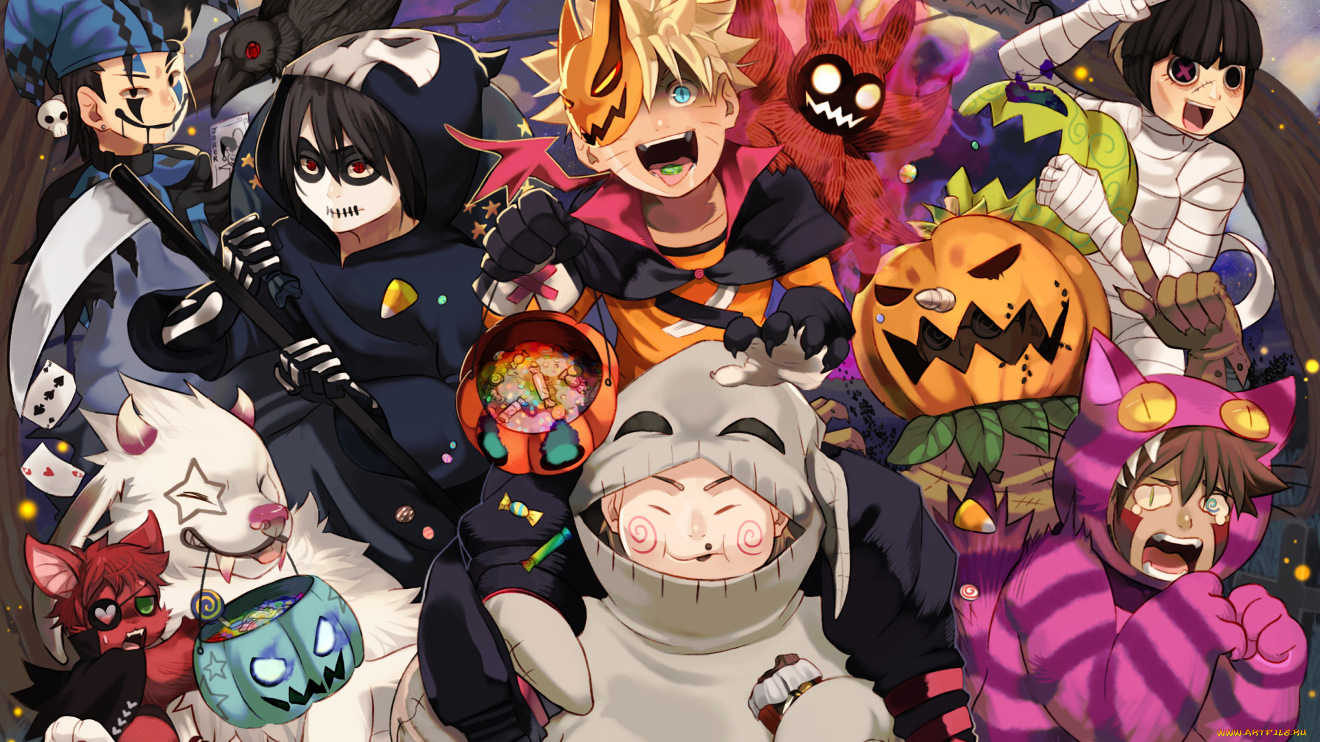 аниме, naruto, наруто, uzumaki, парни, ночь, лис, kuubi, радость, праздник, хэллоуин, uzucake, art, луна, конфеты, nara, shikamaru, akamaru, собака, inuzuka, kiba, rock, lee, uchiha, sasuke