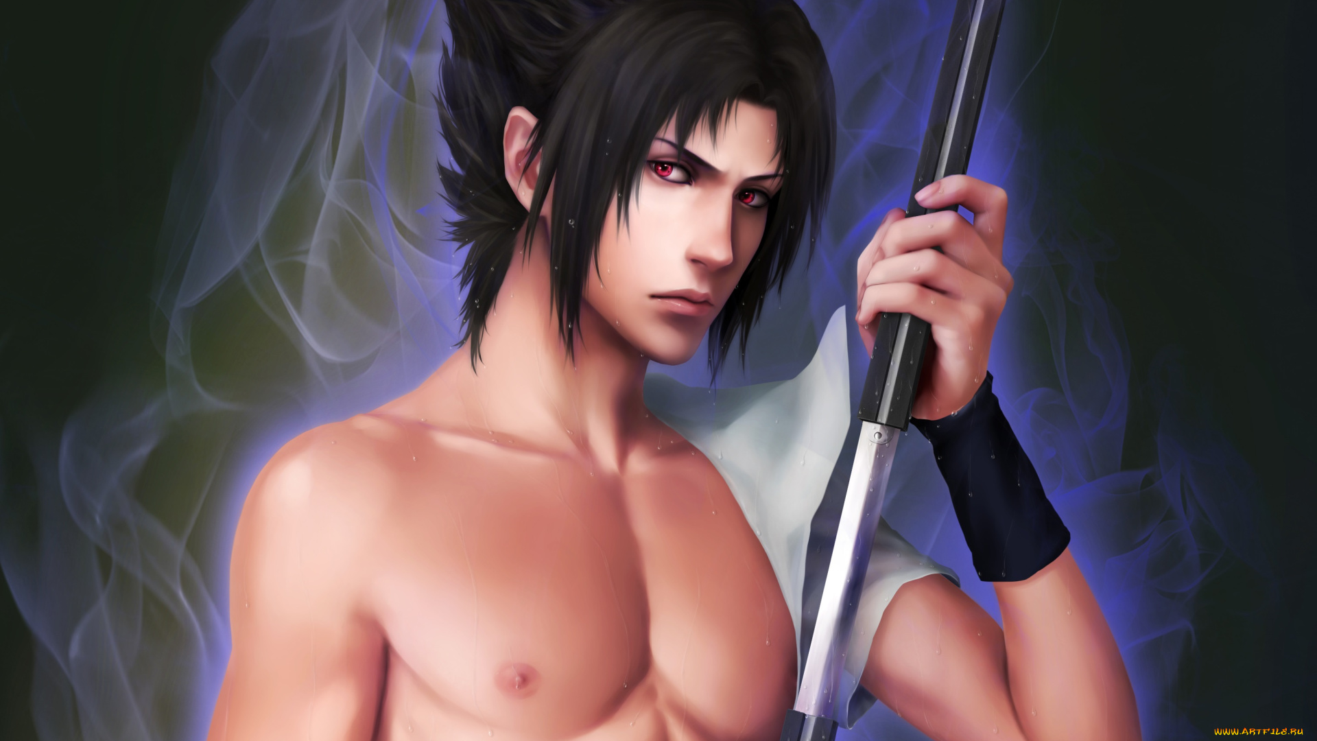 аниме, naruto, шаринган, катана, учиха, саске, парень, арт