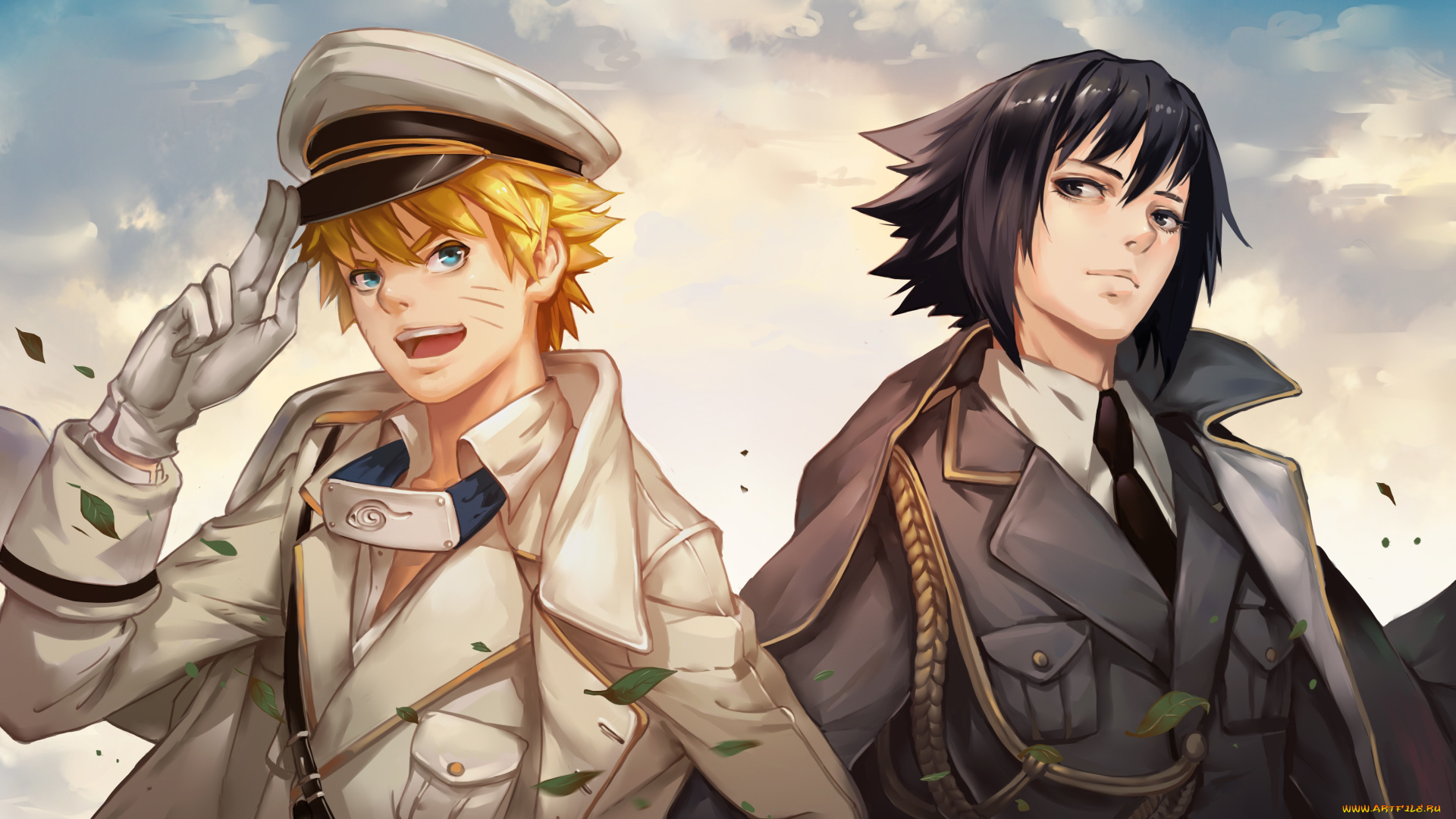 аниме, naruto, улыбка, взгляд, радость, uchiha, sasuke, парни, bamboocm, наруто, лепестки, uzumaki, жест, art