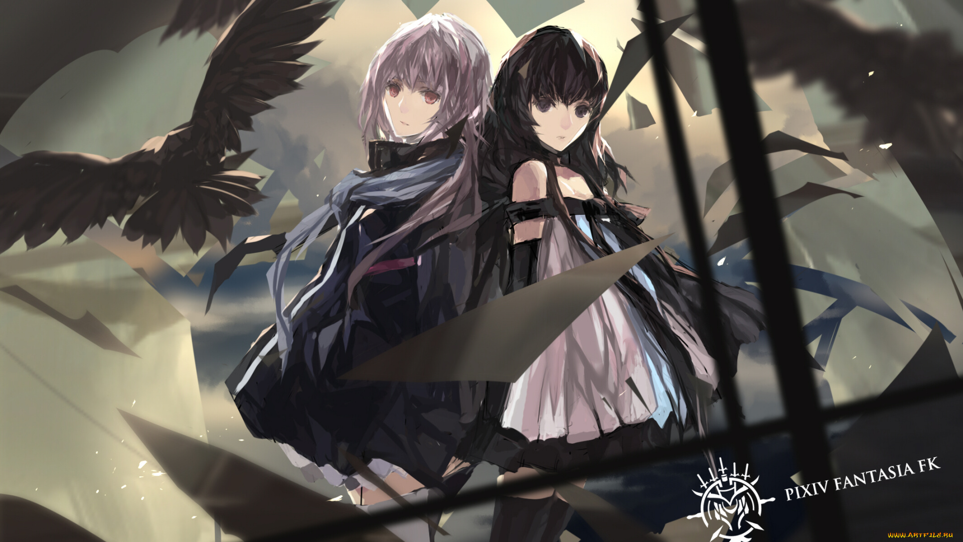 аниме, pixiv, fantasia, berlinetta, fantasia, pixiv, вороны, птицы, девушки, swd3e2, арт, pffk, paradise