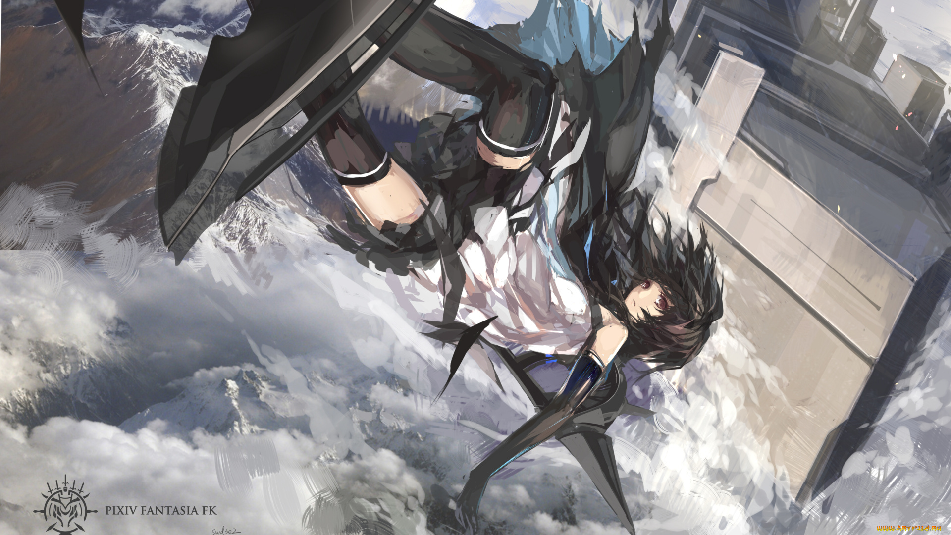 аниме, pixiv, fantasia, брюнетка, девушка, полёт, горы, облака, арт, swd3e2, pffk, paradise, fantasia, pixiv