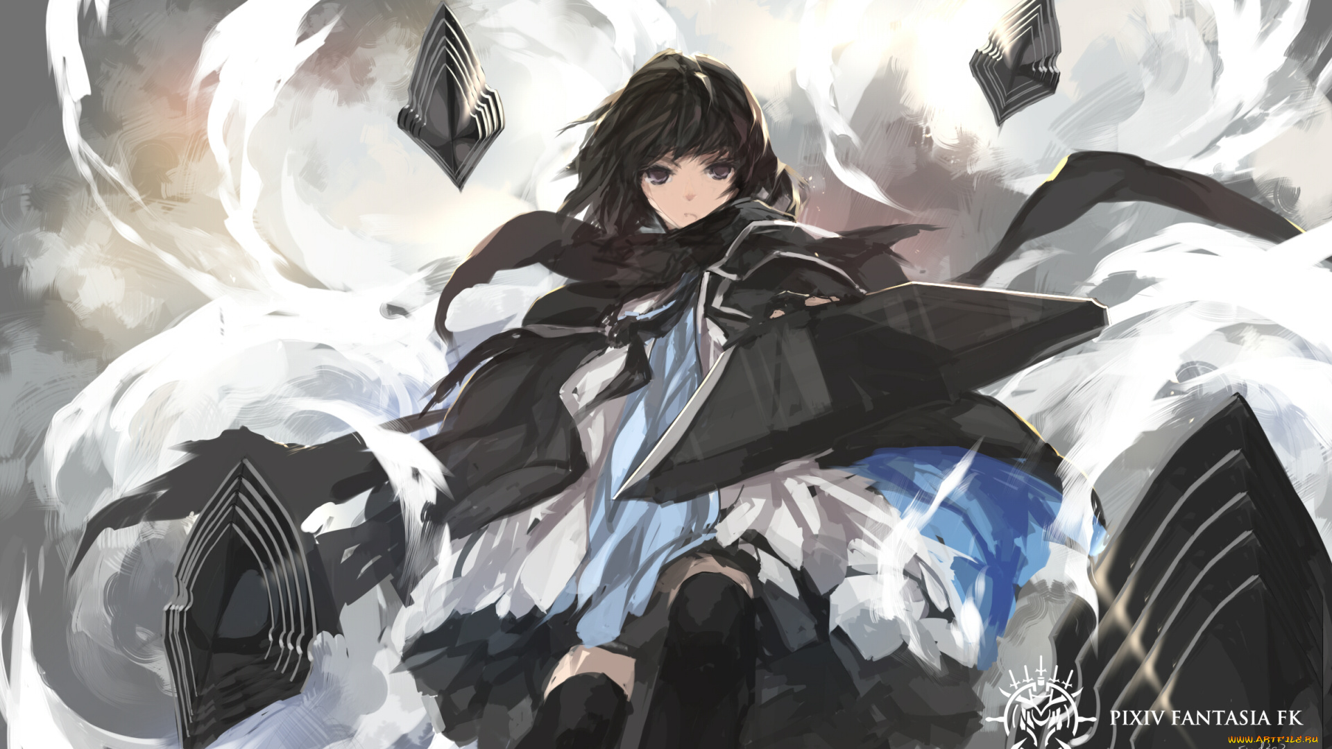 аниме, pixiv, fantasia, брюнетка, взгляд, оружие, pixiv, fantasia, paradise, pffk, swd3e2, арт, девушка