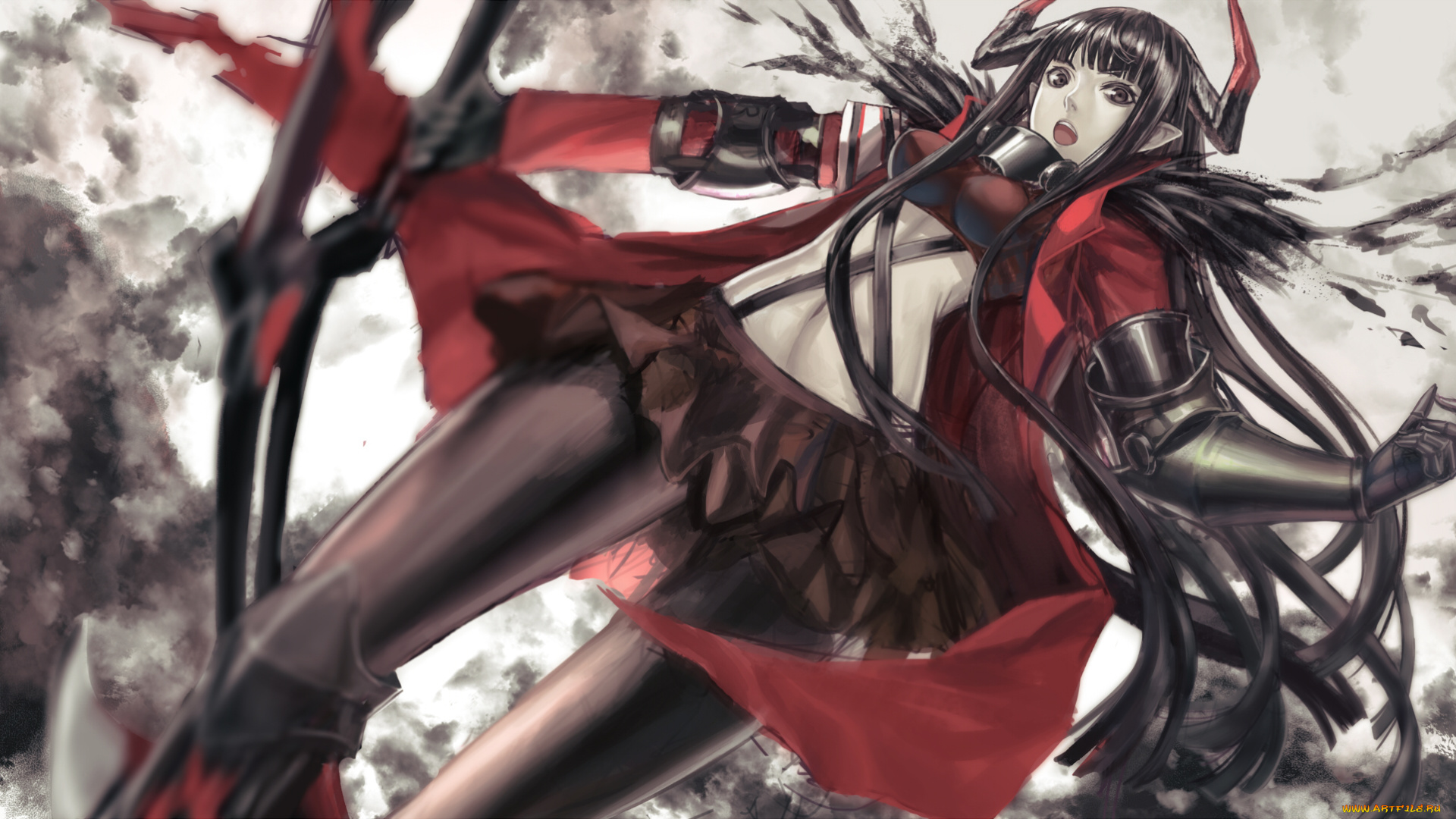 аниме, pixiv, fantasia, девушка, zhouran, fantasia, оружие, серость, тучи, pixiv