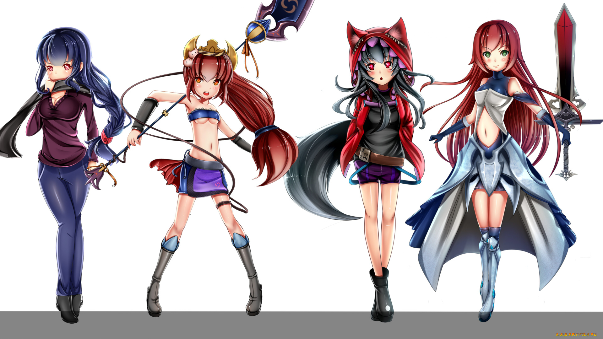 аниме, pixiv, fantasia, оружие, san, kirubi, fantasia, pixiv, копьё, меч, белый, арт, девушки, фон, ушки, капюшон