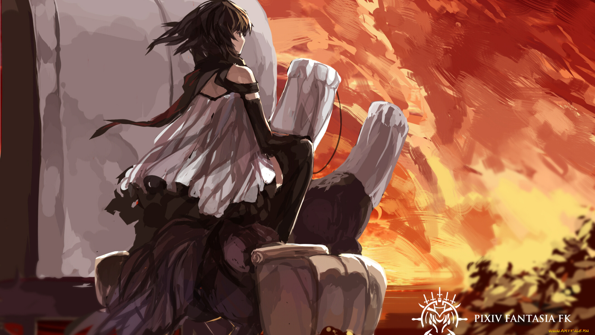 аниме, pixiv, fantasia, pffk, fantasia, pixiv, paradise, брюнетка, арт, небо, девушка, закат, swd3e2