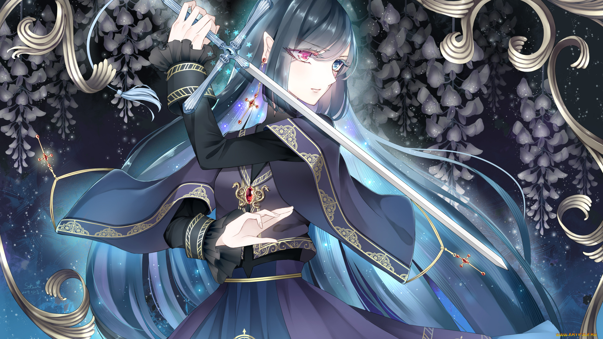 аниме, pixiv, fantasia, разные, девушка, глаза, искры, арт, цветы, меч, оружие, stari, fantasia, pixiv